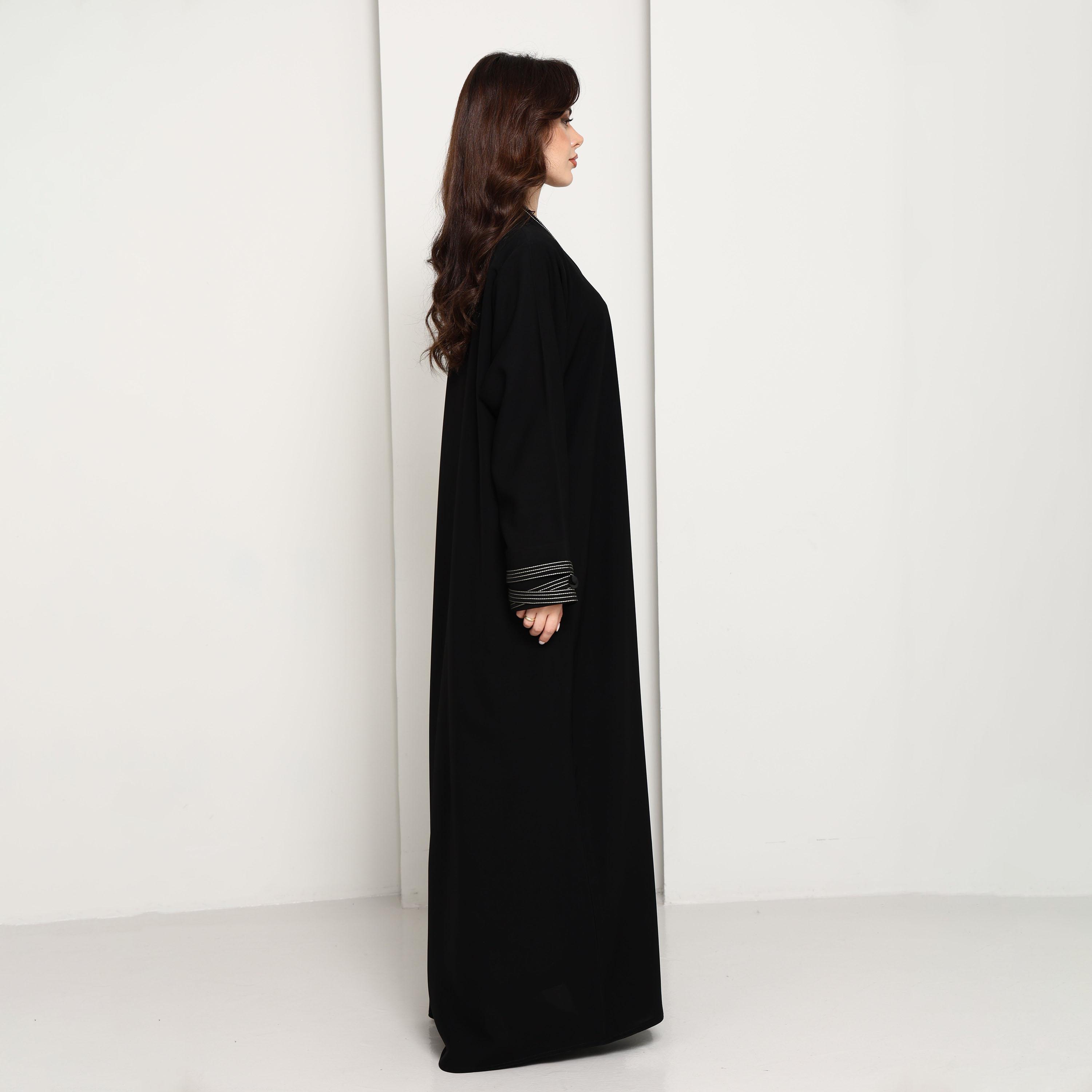 Msquare Fashion Black Contrast Thread Work Crepe Women's Abaya-women-arabicclothing-abayas-image-4