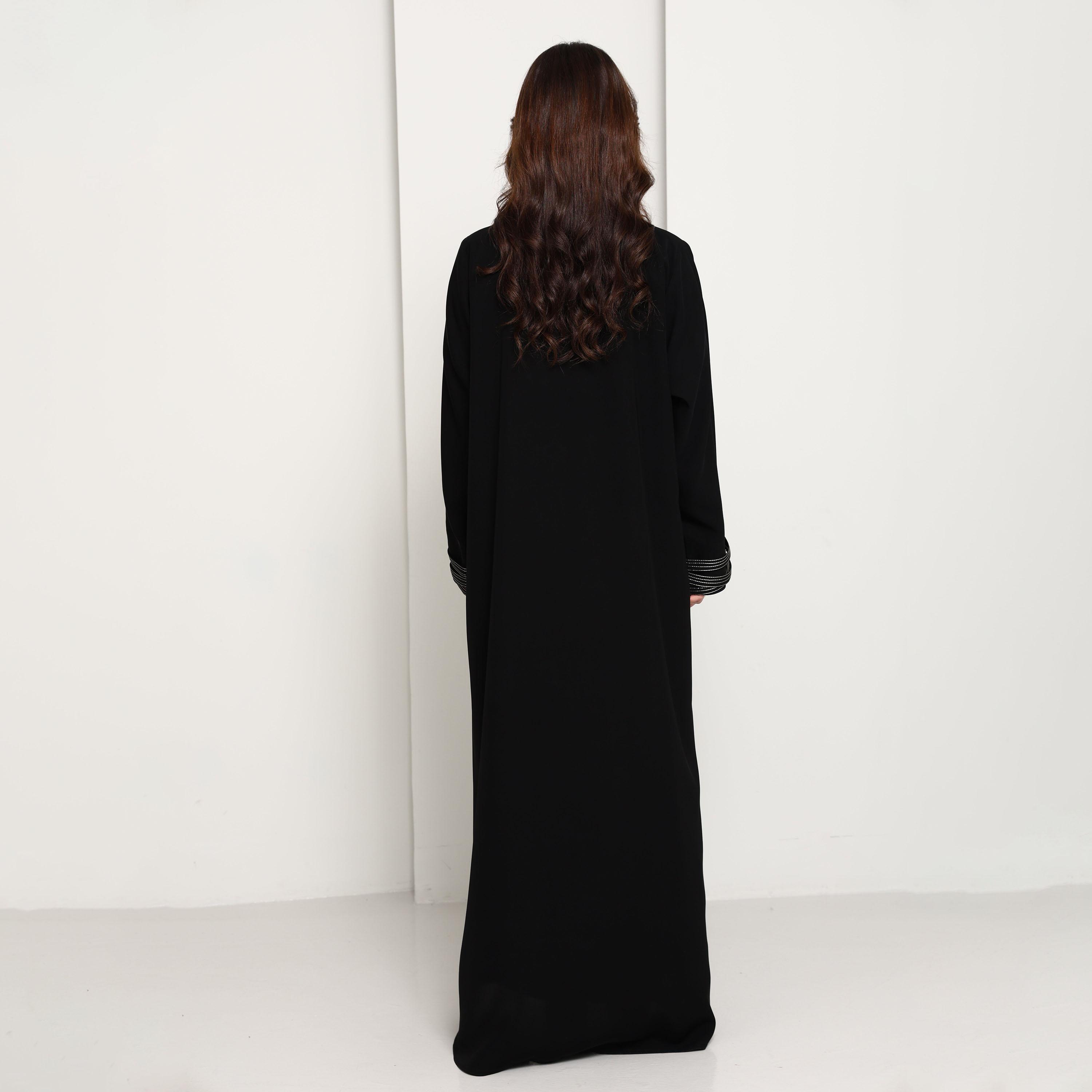 Msquare Fashion Black Contrast Thread Work Crepe Women's Abaya-women-arabicclothing-abayas-image-5