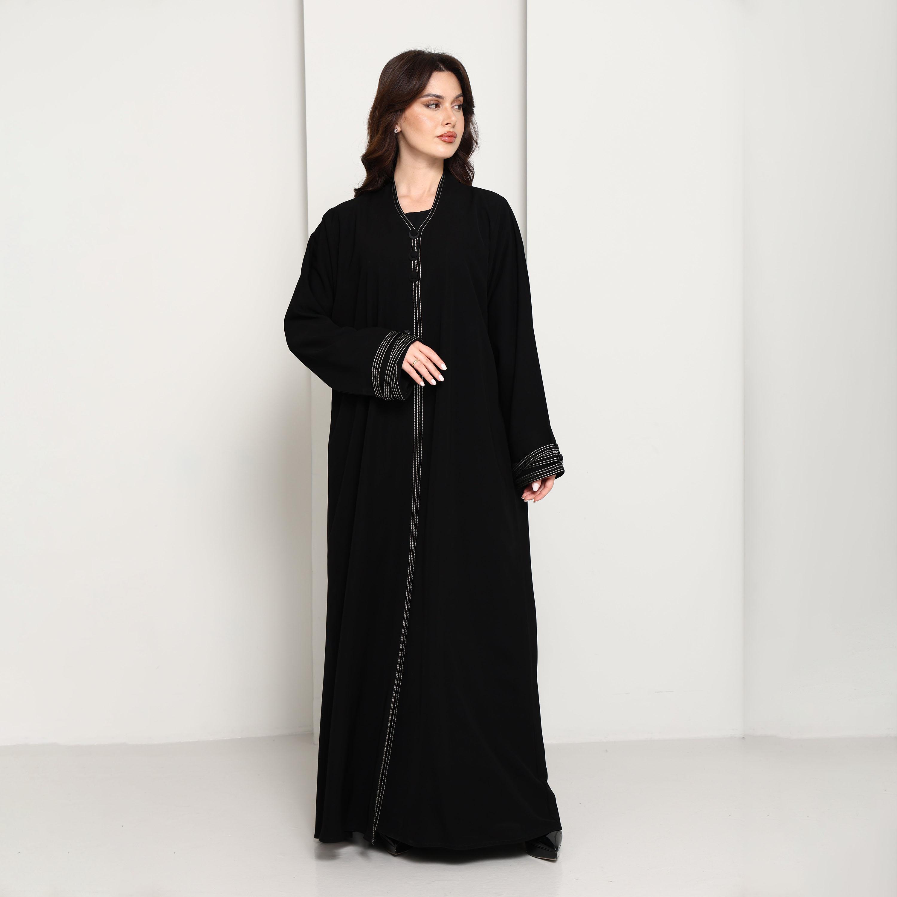 Msquare Fashion Black Contrast Thread Work Crepe Women's Abaya-women-arabicclothing-abayas-image-6