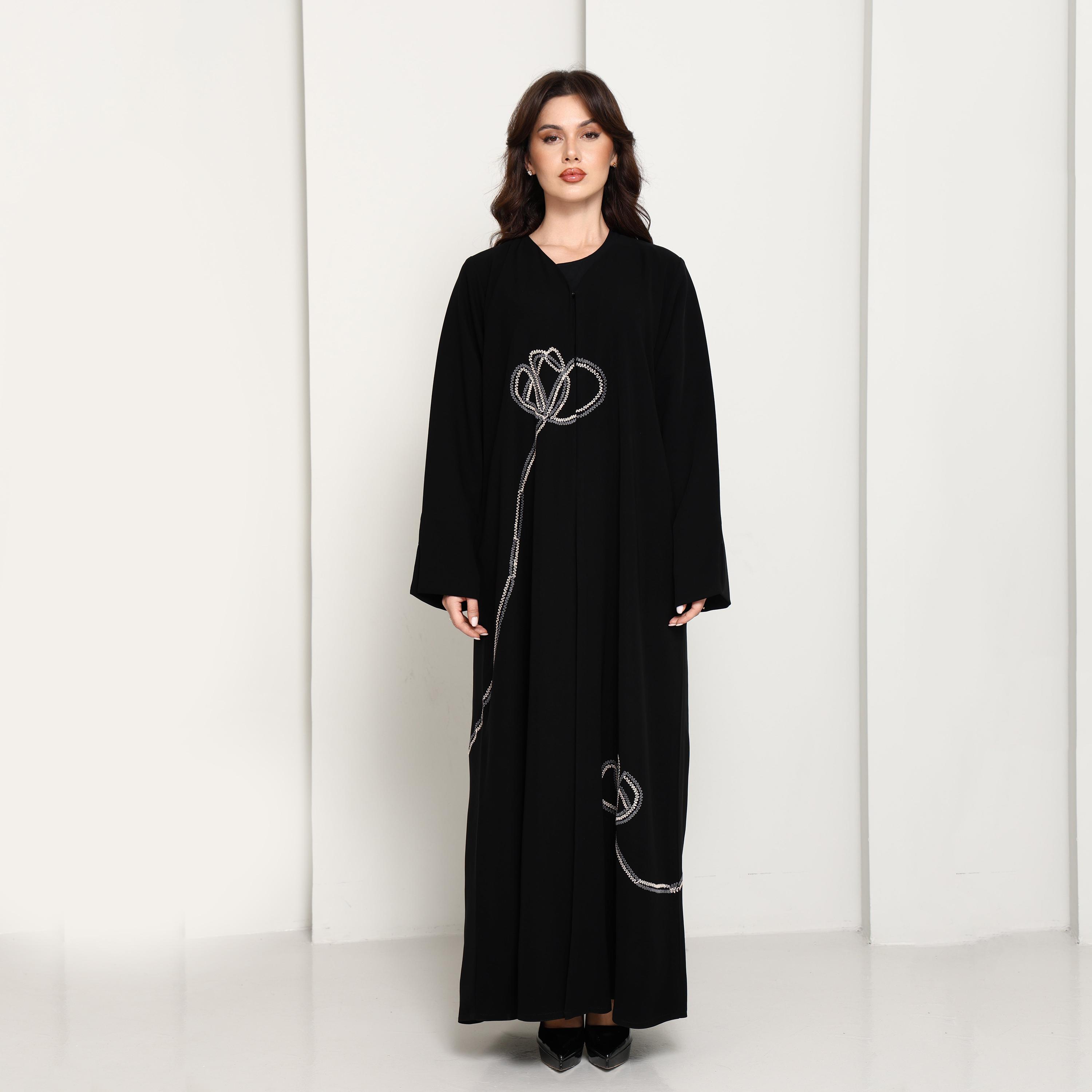 Msquare Fashion Black Asymmetrical Thread Work Crepe Women's Abaya-women-arabicclothing-abayas-image-1