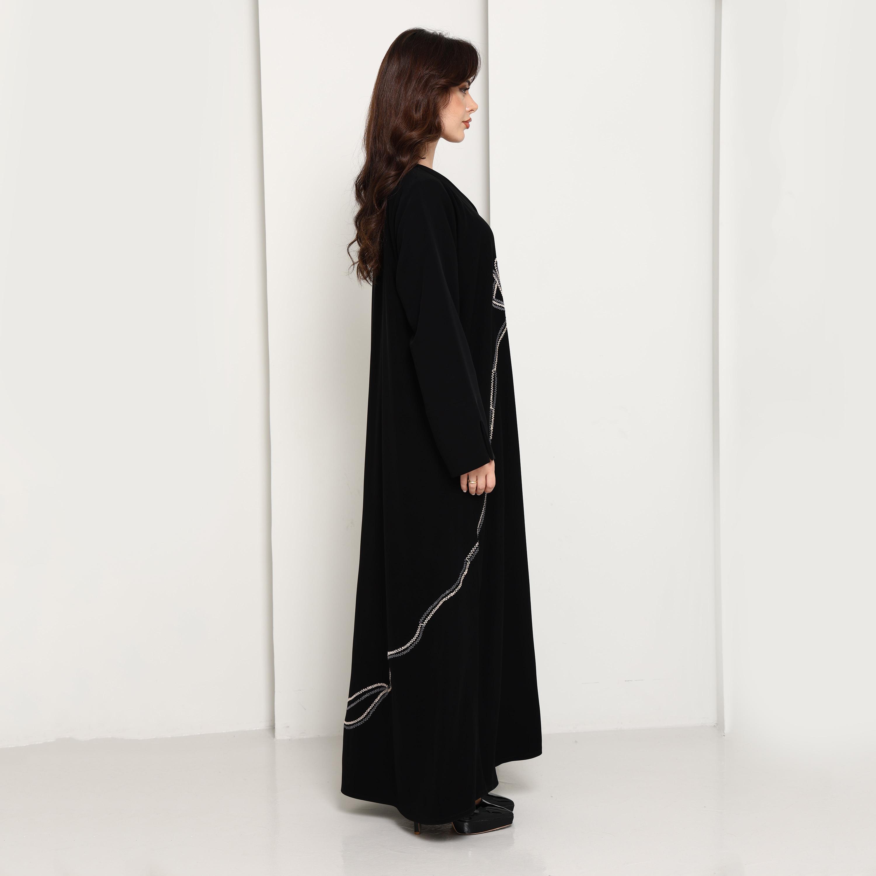 Msquare Fashion Black Asymmetrical Thread Work Crepe Women's Abaya-women-arabicclothing-abayas-image-4