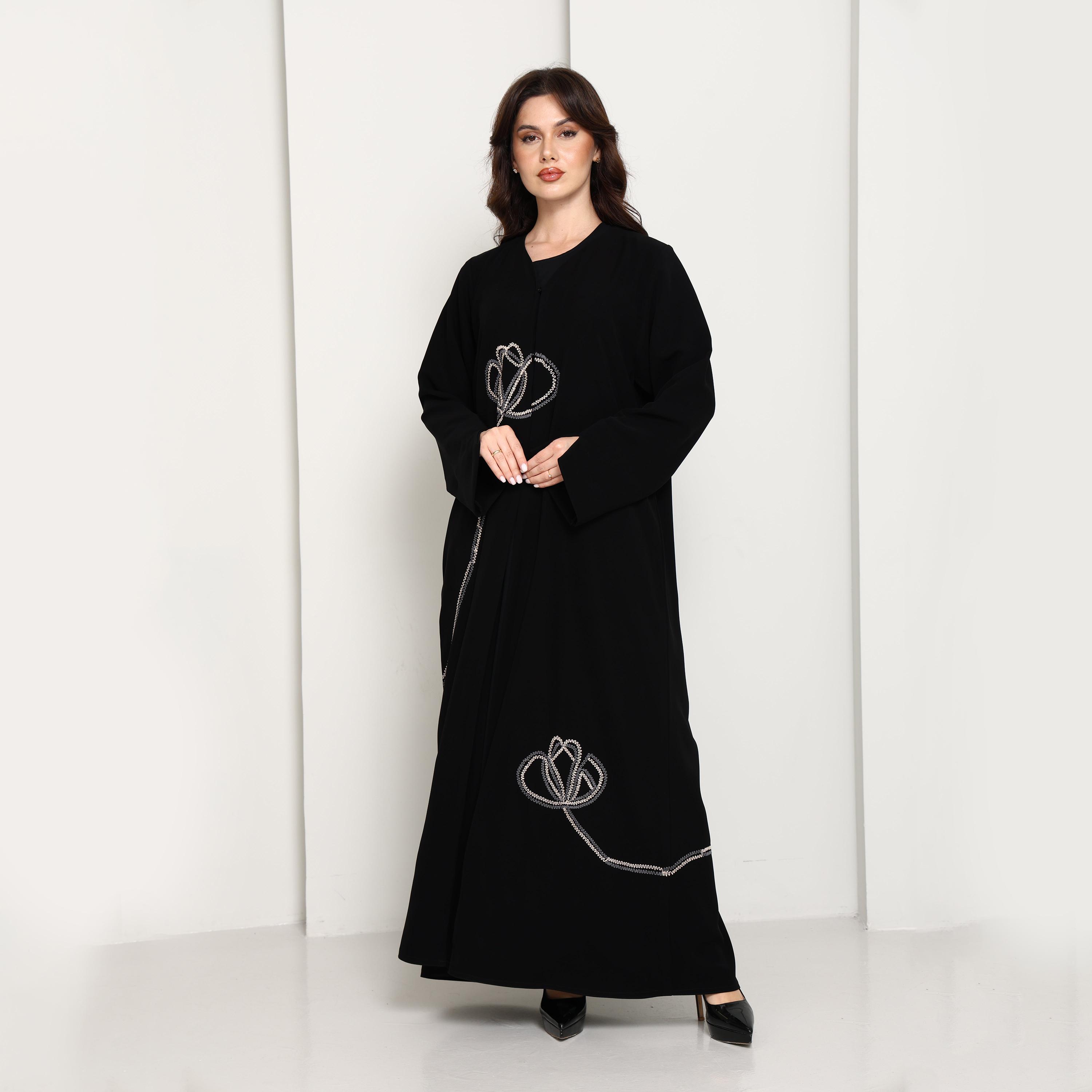 Msquare Fashion Black Asymmetrical Thread Work Crepe Women's Abaya-women-arabicclothing-abayas-image-6