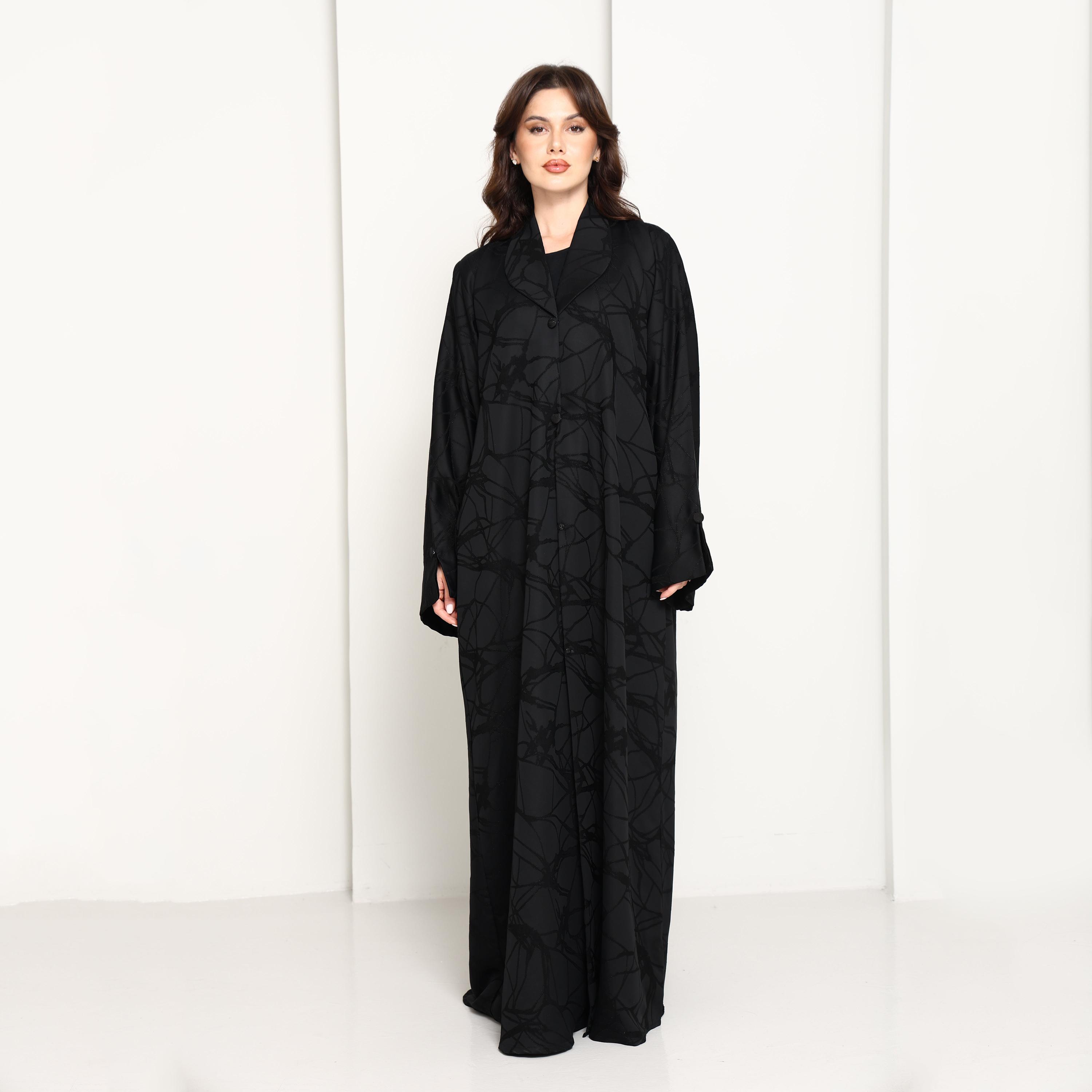Msquare Fashion Black Lapel Collar Wide Sleeves Jacquard Women's Coat Style Abaya-women-arabicclothing-abayas-image-1