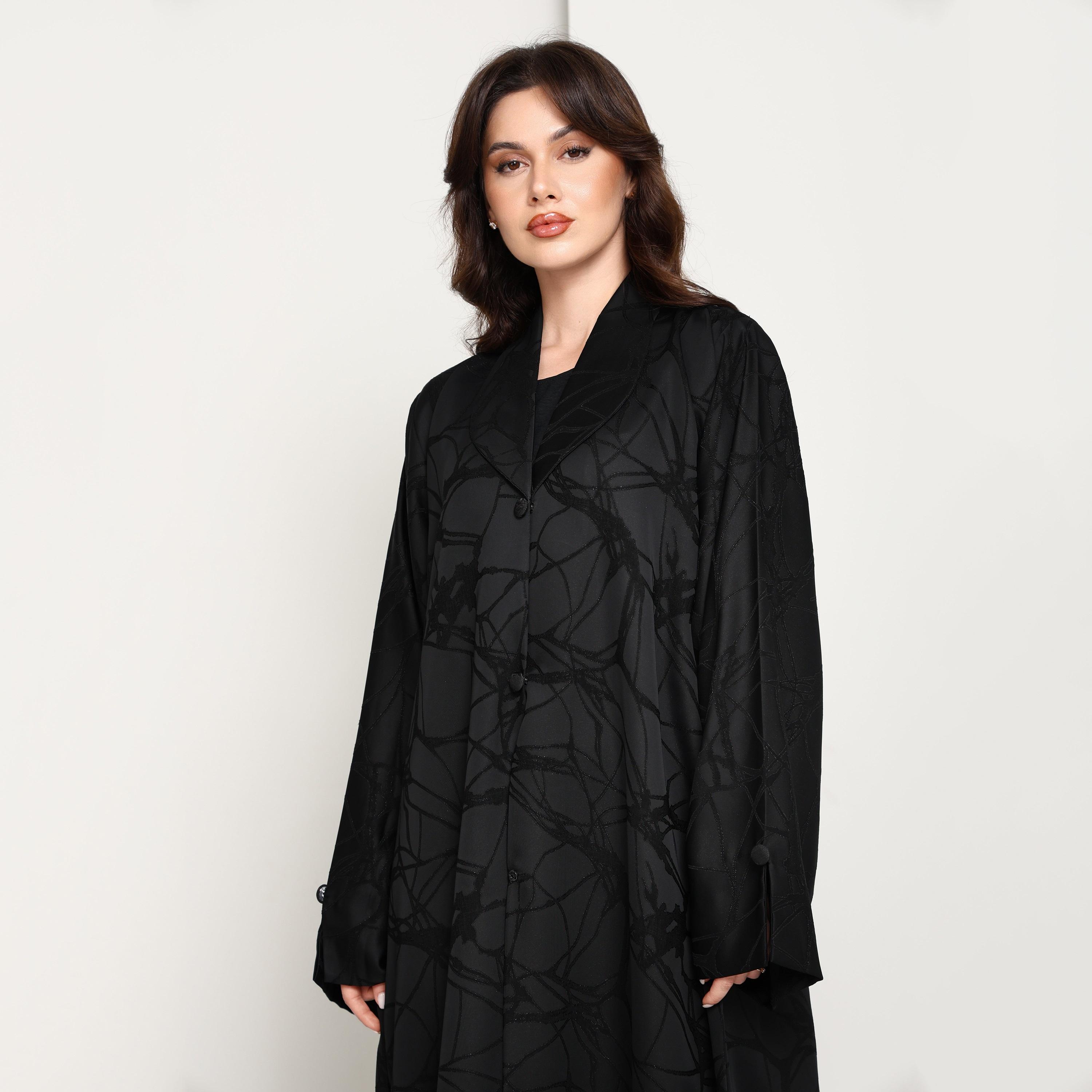 Msquare Fashion Black Lapel Collar Wide Sleeves Jacquard Women's Coat Style Abaya-women-arabicclothing-abayas-image-2