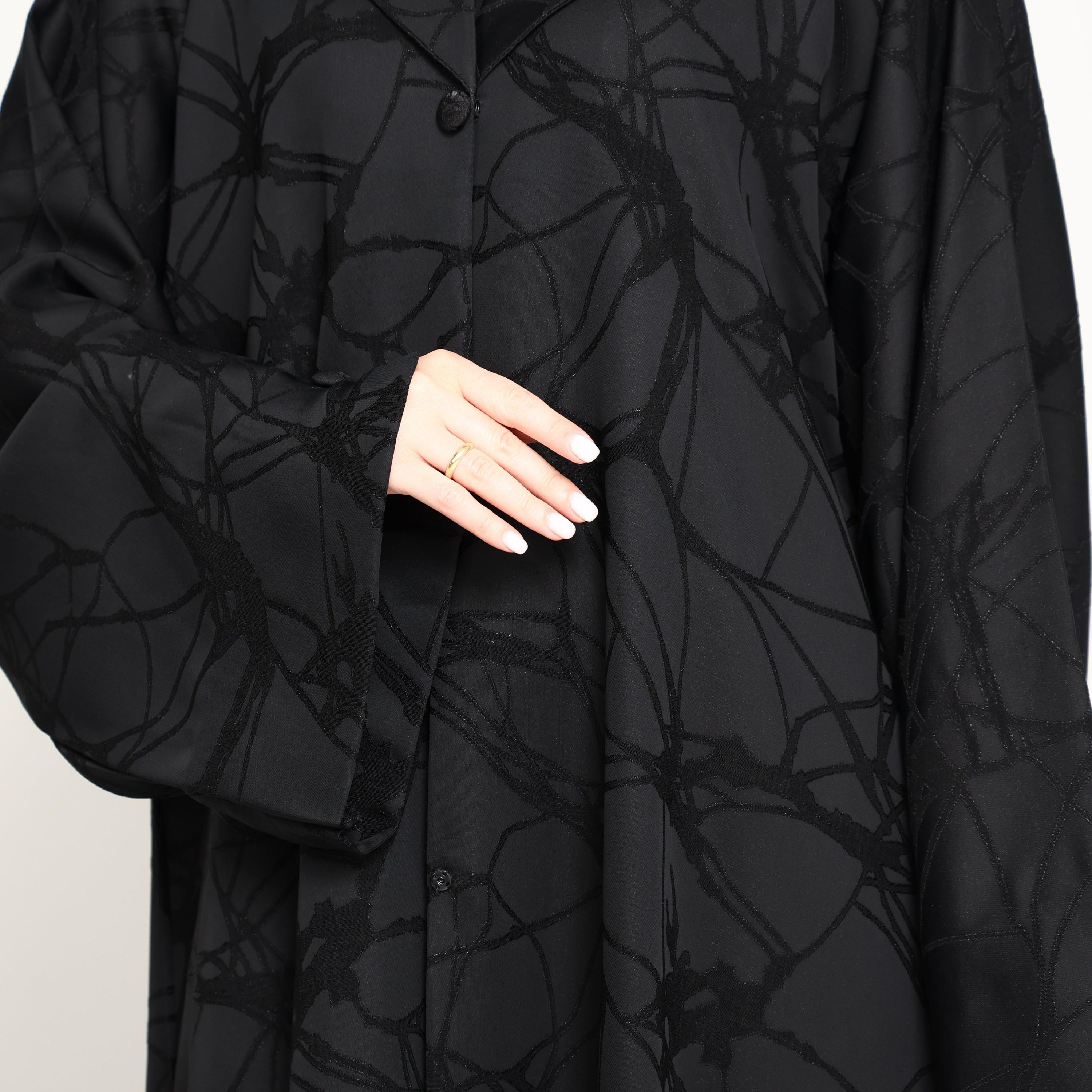 Msquare Fashion Black Lapel Collar Wide Sleeves Jacquard Women's Coat Style Abaya-women-arabicclothing-abayas-image-3