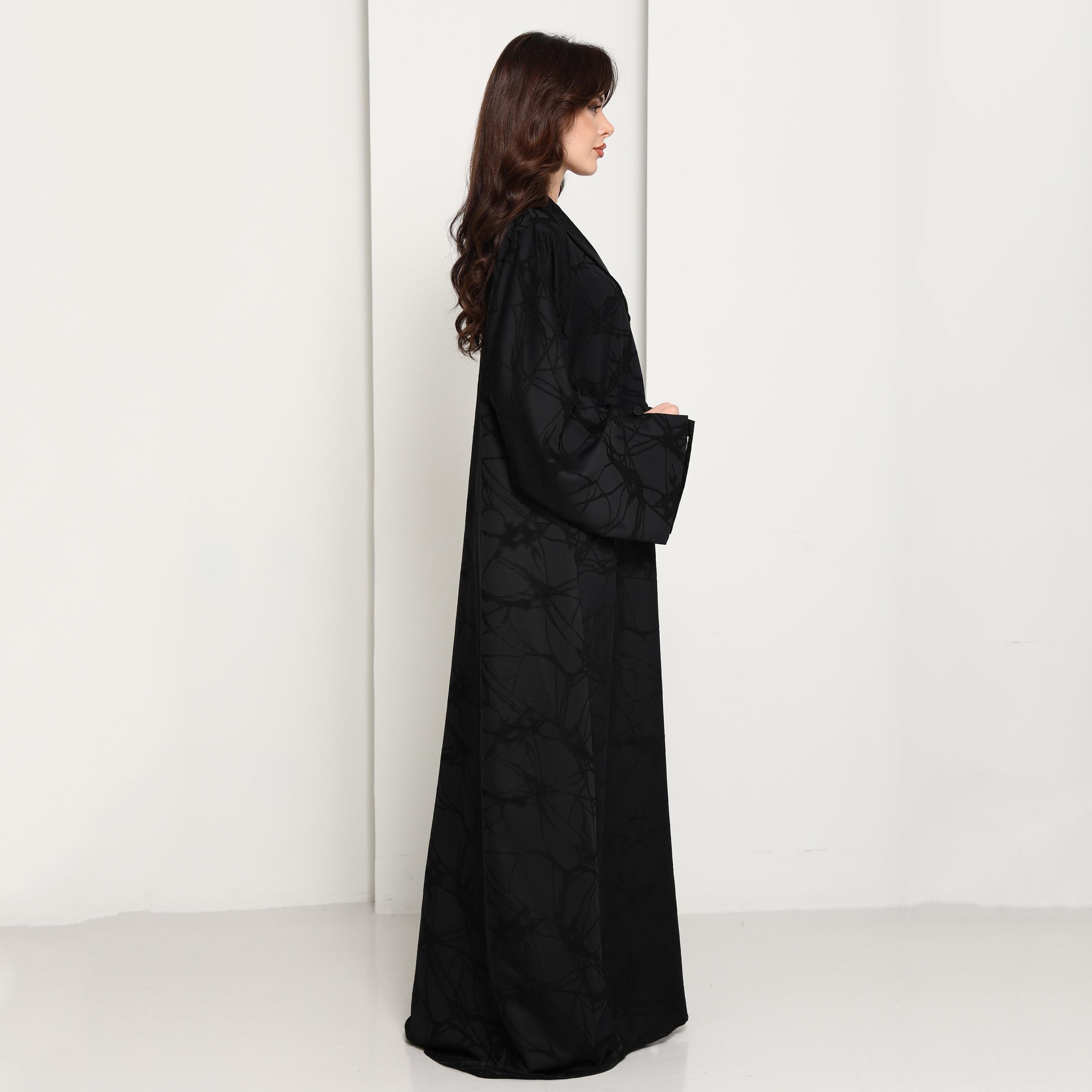 Msquare Fashion Black Lapel Collar Wide Sleeves Jacquard Women's Coat Style Abaya-women-arabicclothing-abayas-image-4