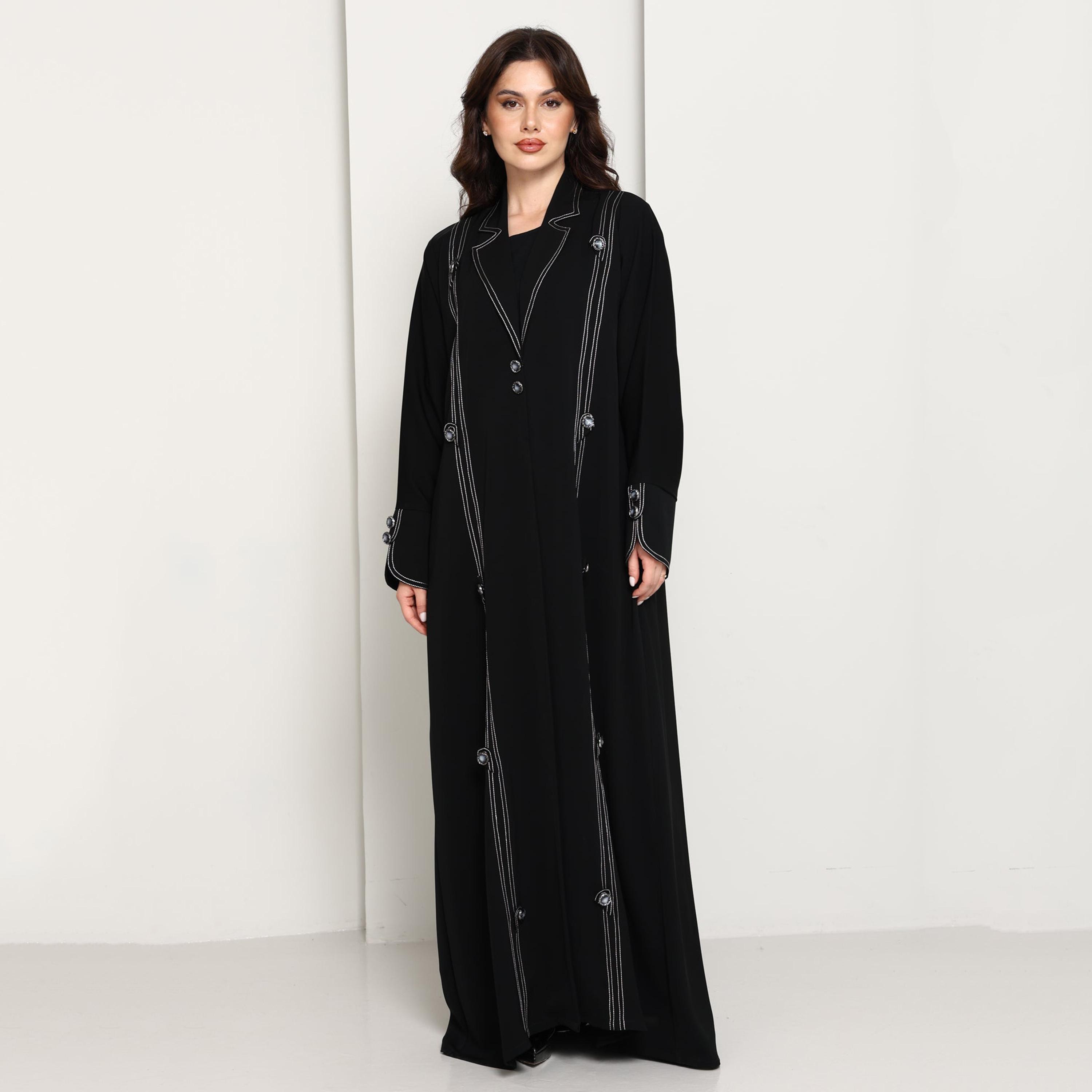 Msquare Fashion Black Lapel Collar Contrast Stitched Women's Coat Style Abaya-women-arabicclothing-abayas-image-1