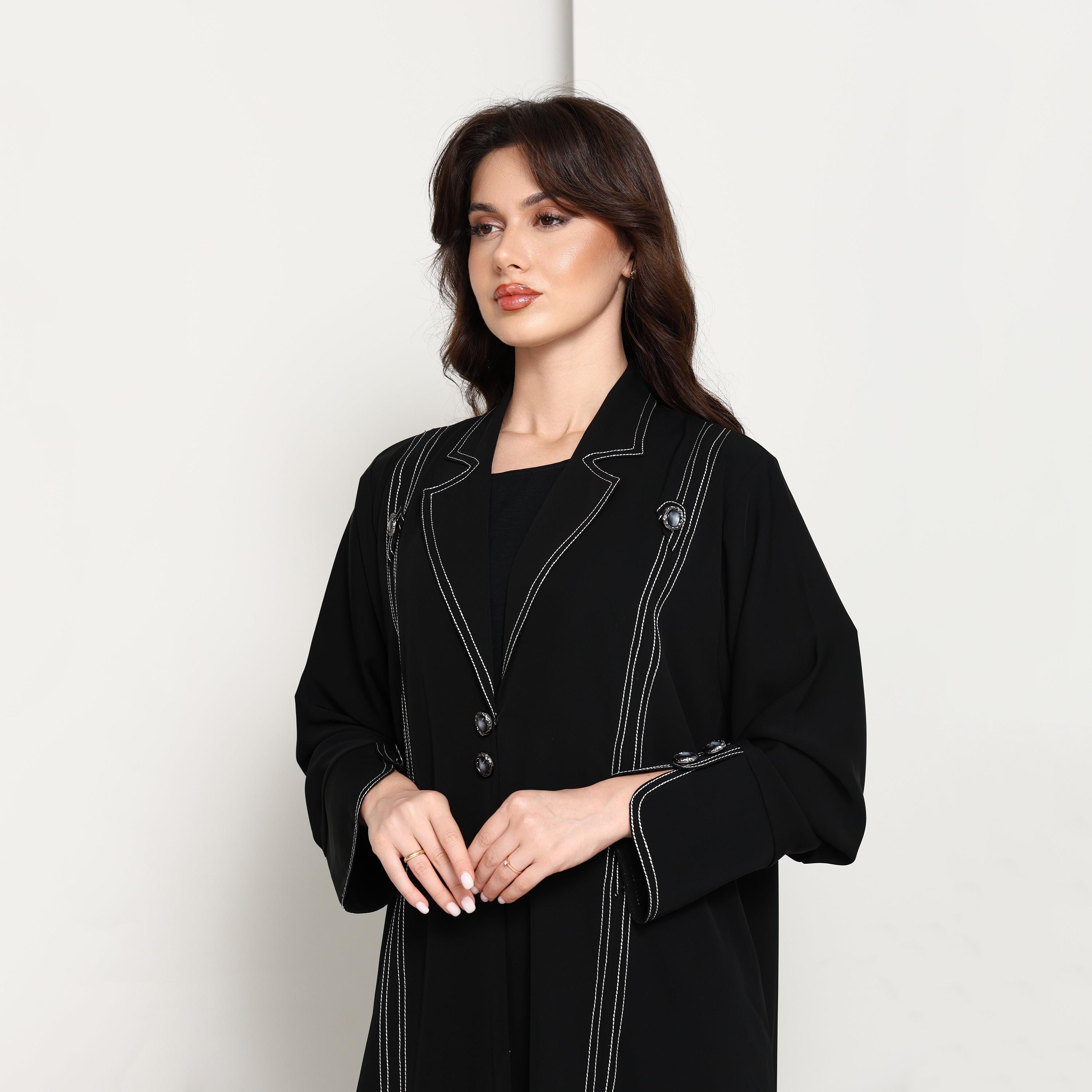 Msquare Fashion Black Lapel Collar Contrast Stitched Women's Coat Style Abaya-women-arabicclothing-abayas-image-2