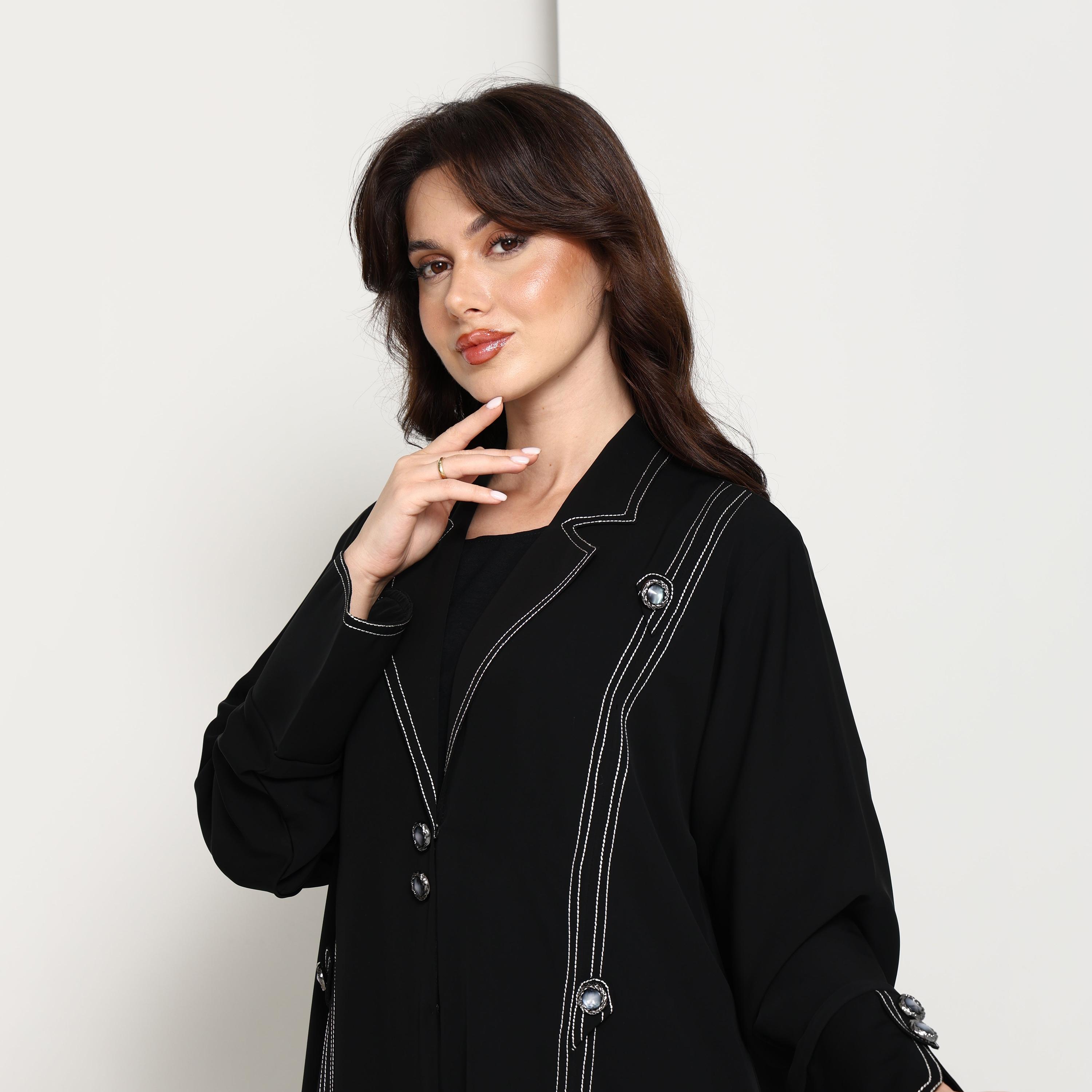 Msquare Fashion Black Lapel Collar Contrast Stitched Women's Coat Style Abaya-women-arabicclothing-abayas-image-3
