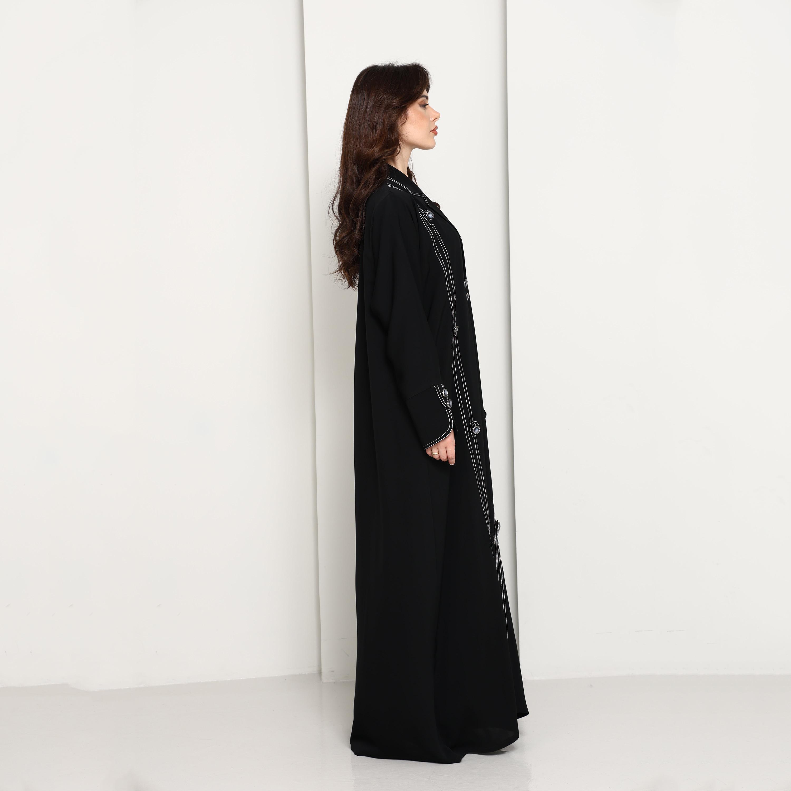 Msquare Fashion Black Lapel Collar Contrast Stitched Women's Coat Style Abaya-women-arabicclothing-abayas-image-4