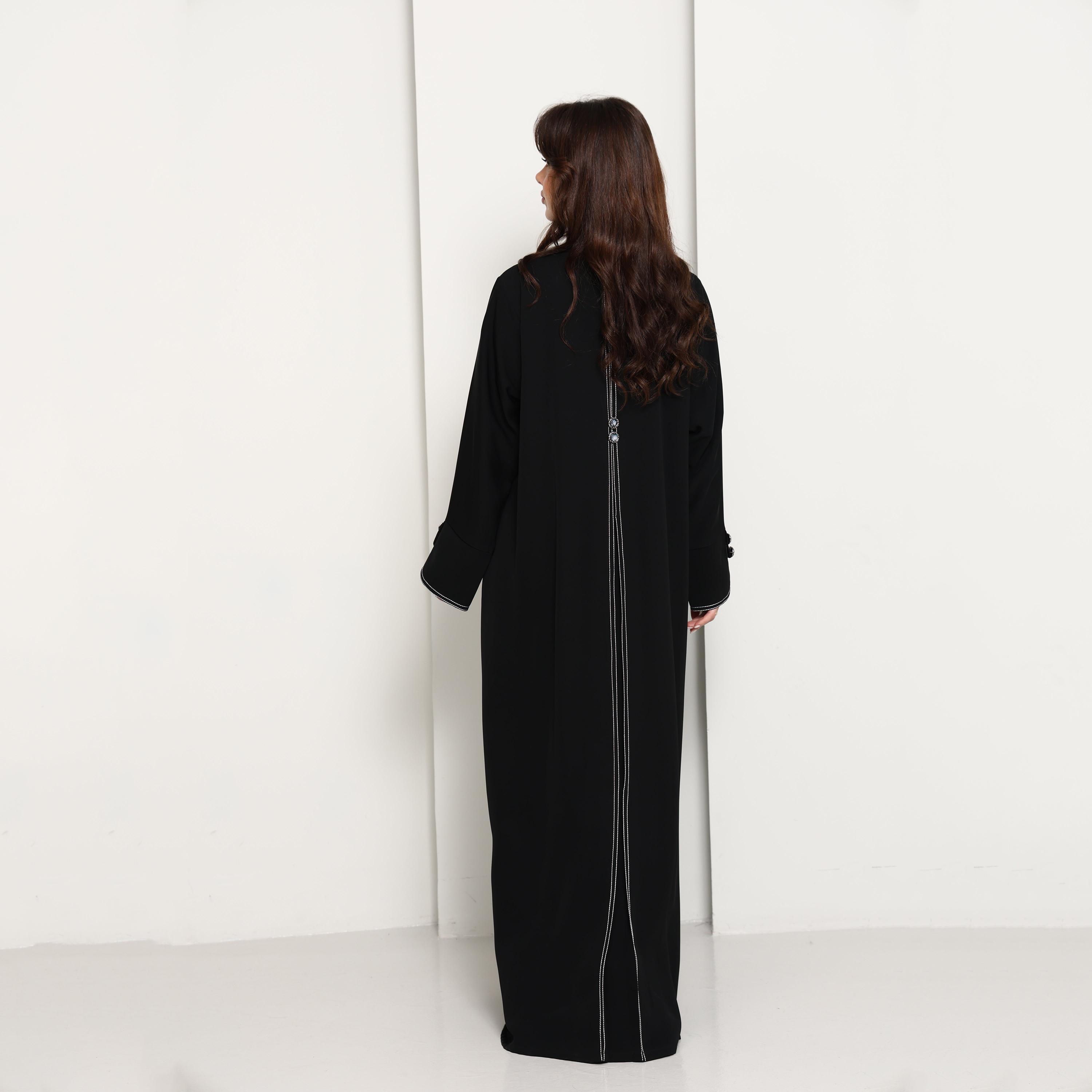 Msquare Fashion Black Lapel Collar Contrast Stitched Women's Coat Style Abaya-women-arabicclothing-abayas-image-5
