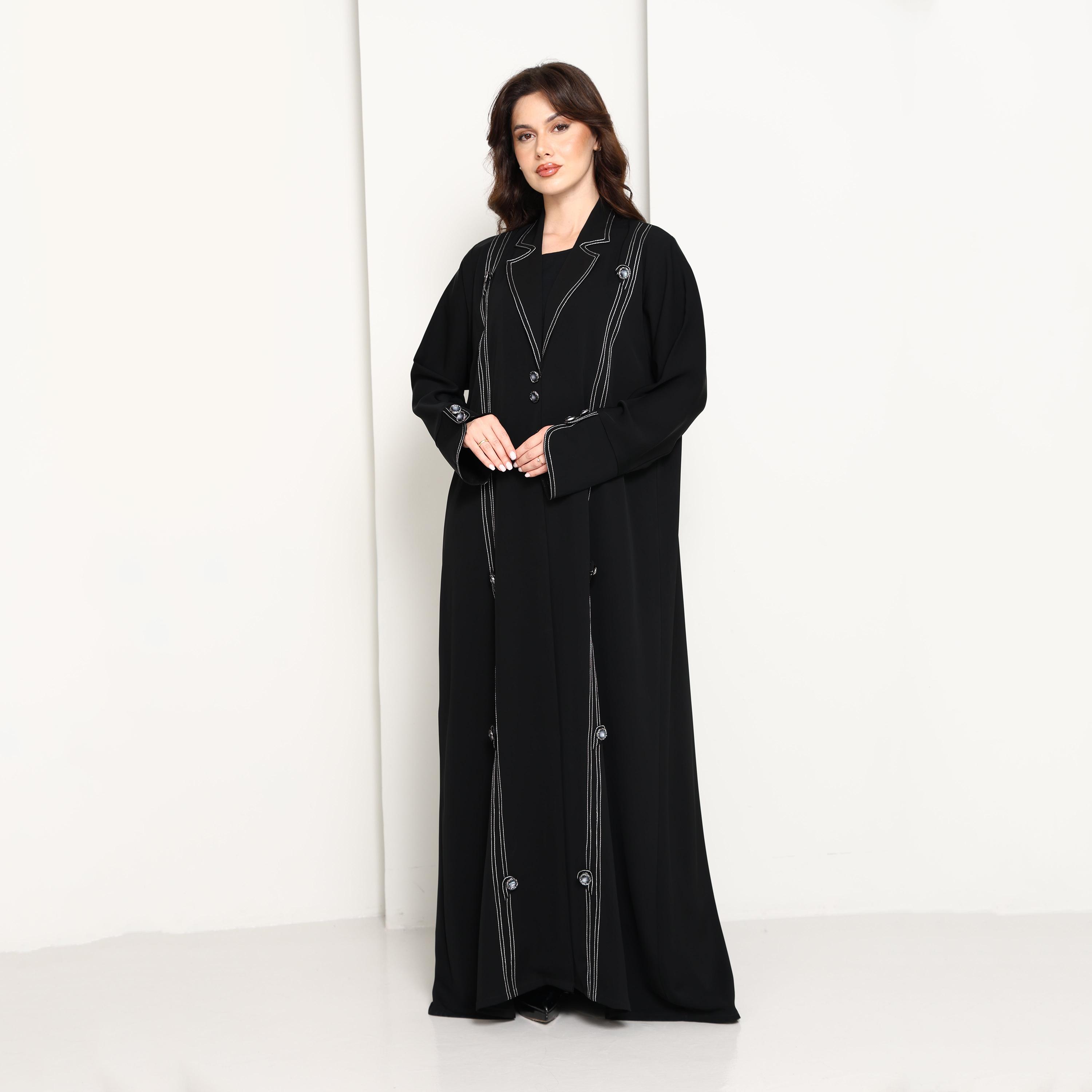 Msquare Fashion Black Lapel Collar Contrast Stitched Women's Coat Style Abaya-women-arabicclothing-abayas-image-6