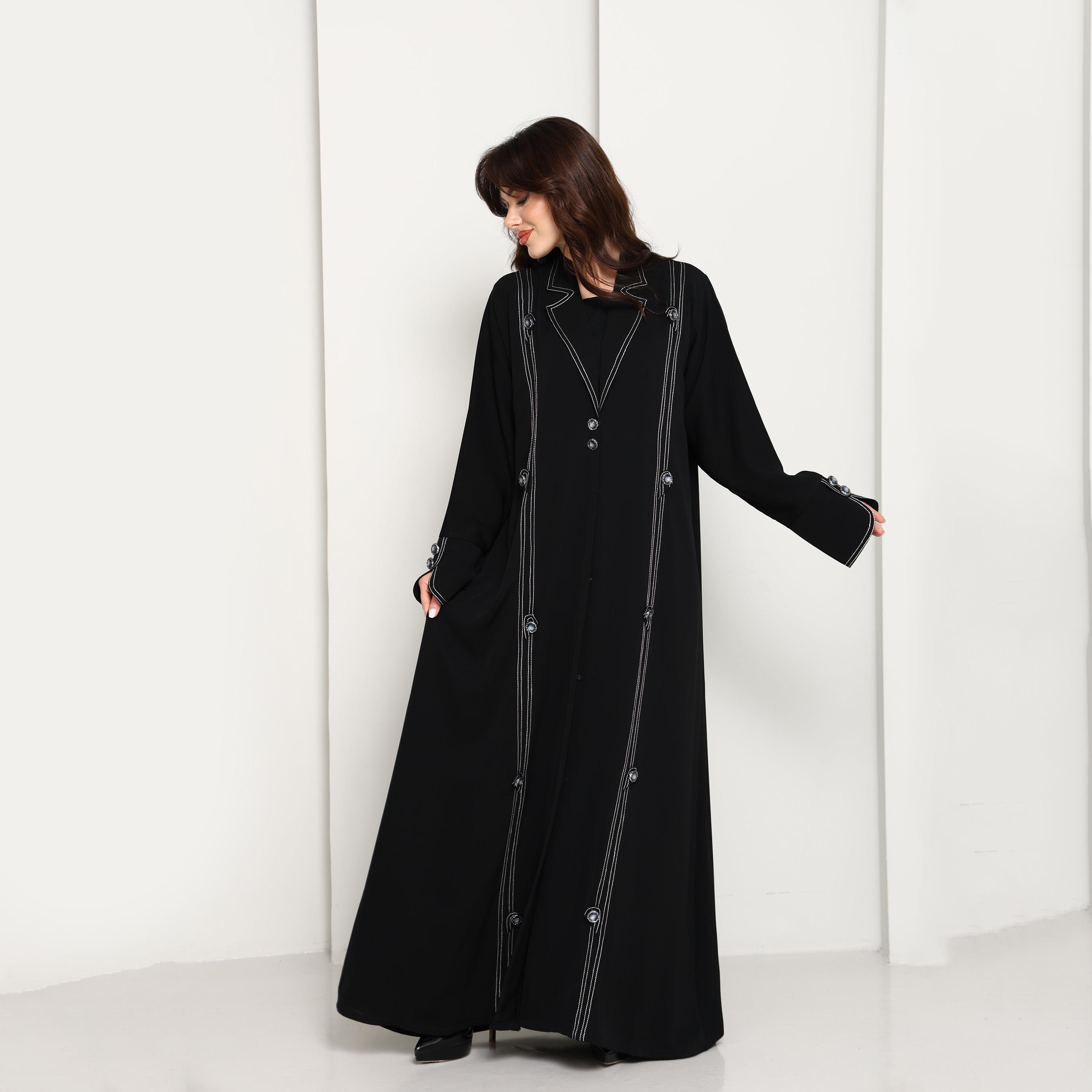 Msquare Fashion Black Lapel Collar Contrast Stitched Women's Coat Style Abaya-women-arabicclothing-abayas-image-7