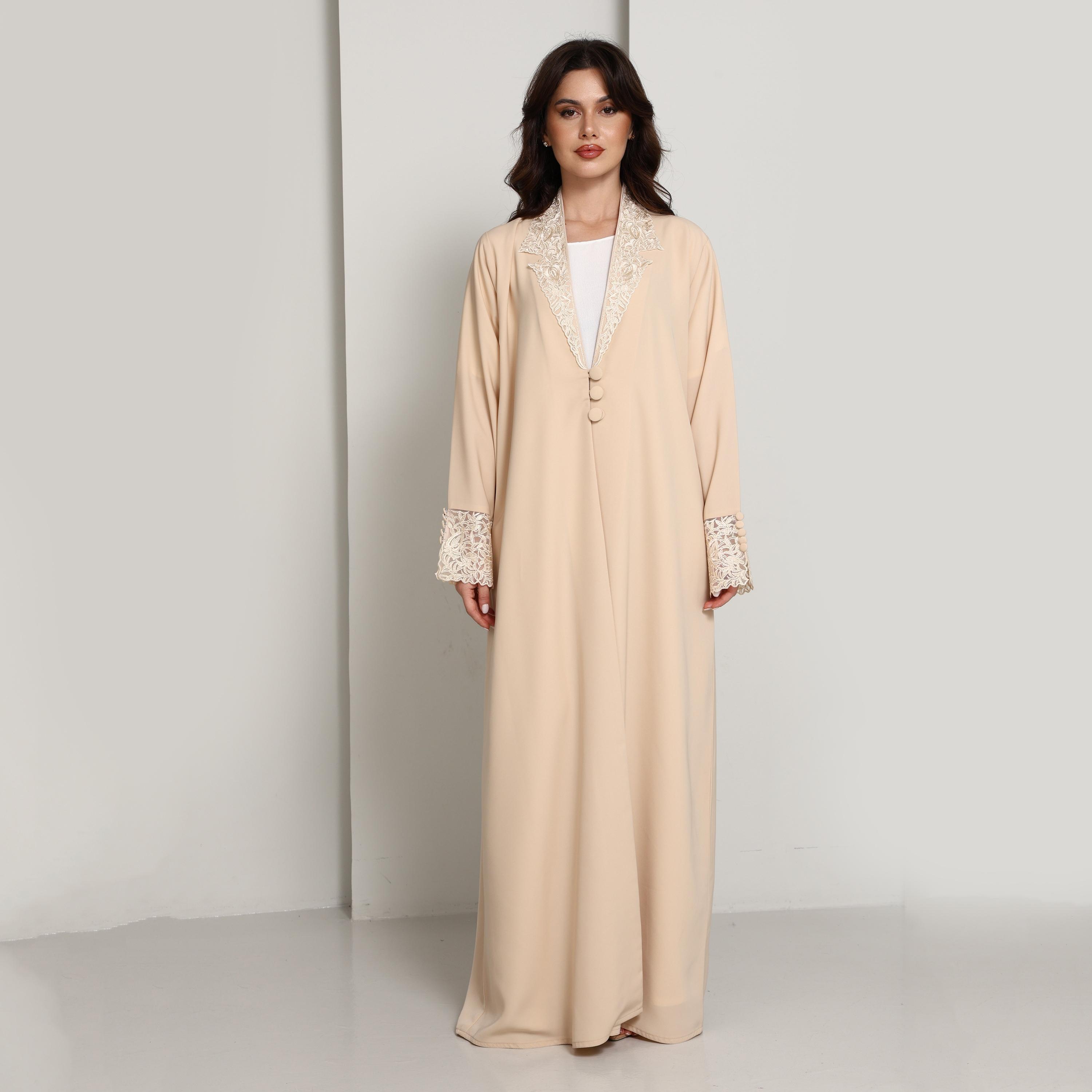 Msquare Fashion Beige Lapel Collar Guipure Lace Crepe Women's Coat Style Abaya-women-arabicclothing-abayas-image-1