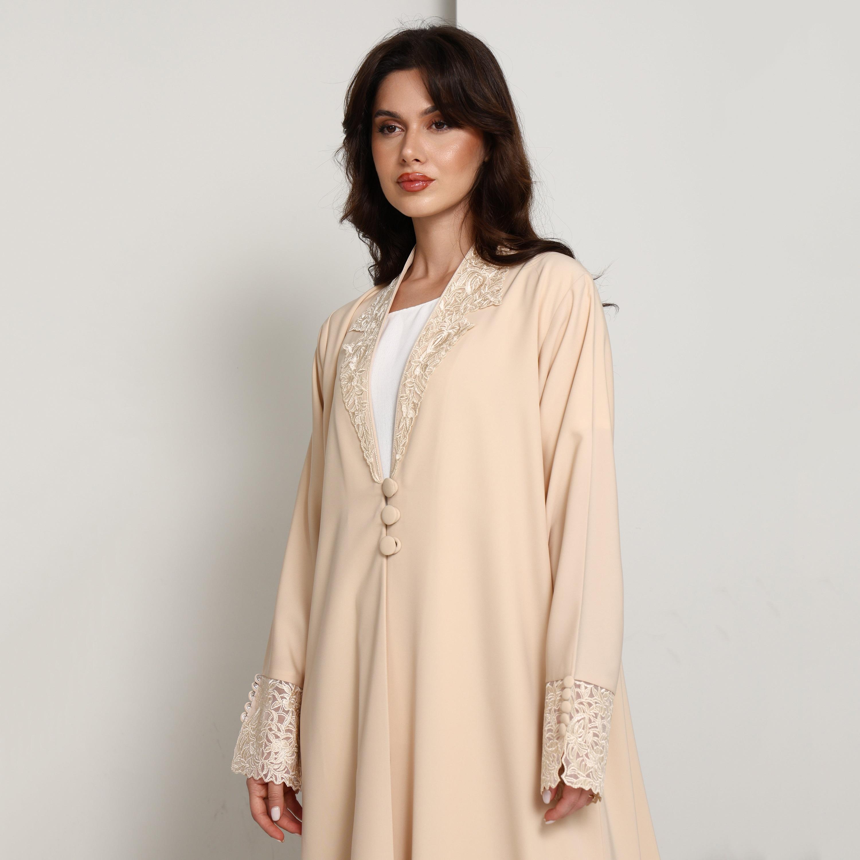 Msquare Fashion Beige Lapel Collar Guipure Lace Crepe Women's Coat Style Abaya-women-arabicclothing-abayas-image-2