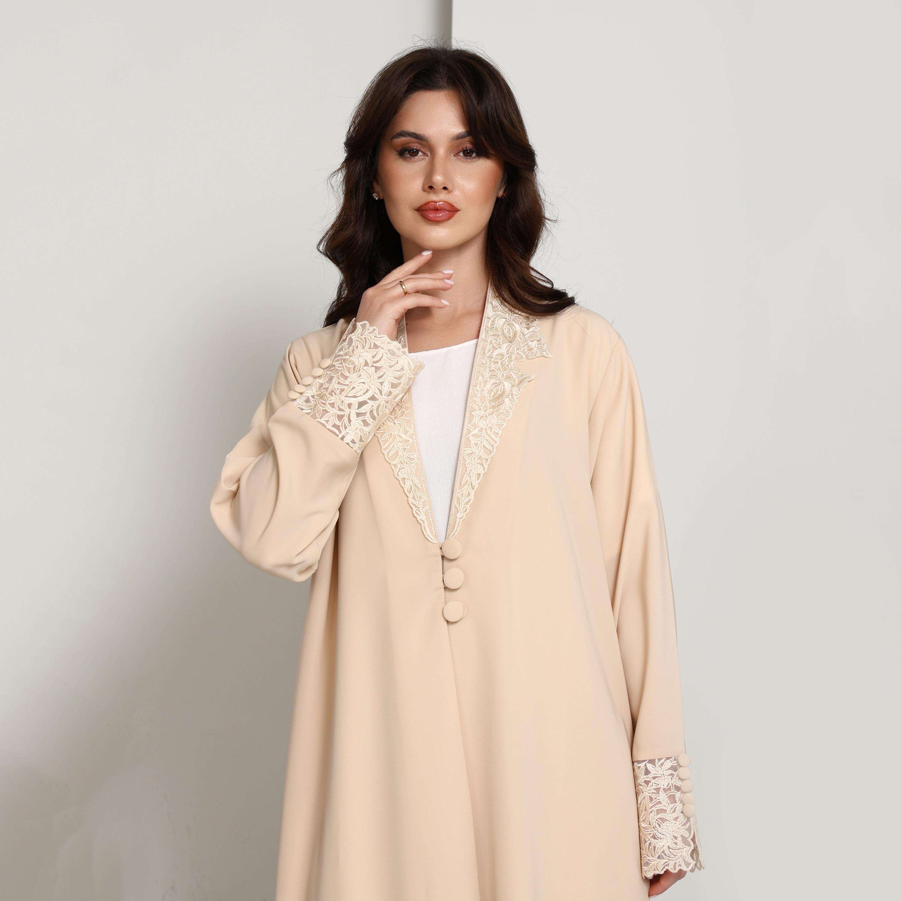 Msquare Fashion Beige Lapel Collar Guipure Lace Crepe Women's Coat Style Abaya-women-arabicclothing-abayas-image-3