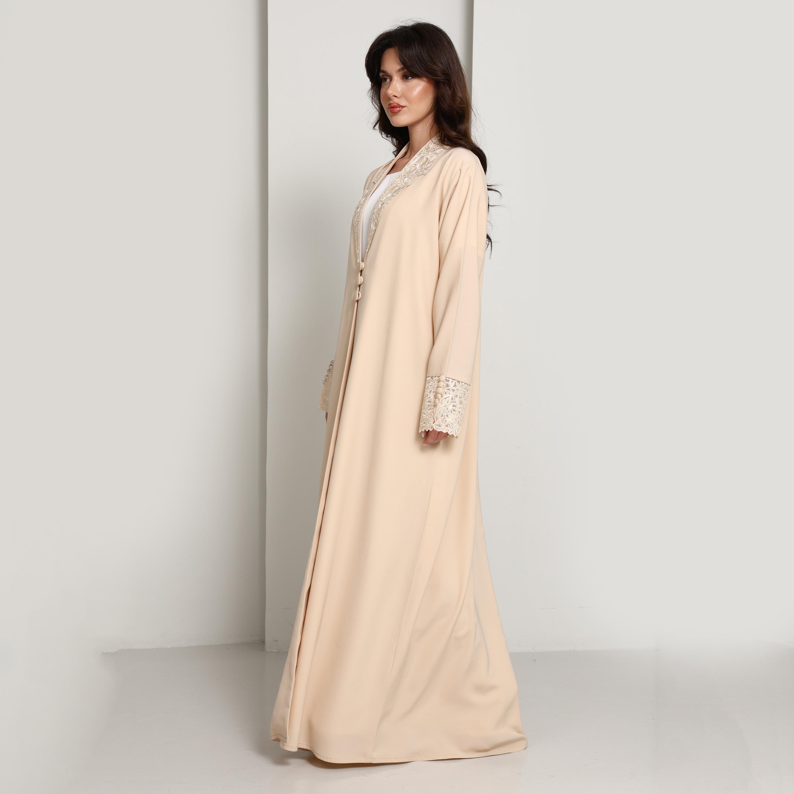Msquare Fashion Beige Lapel Collar Guipure Lace Crepe Women's Coat Style Abaya-women-arabicclothing-abayas-image-4
