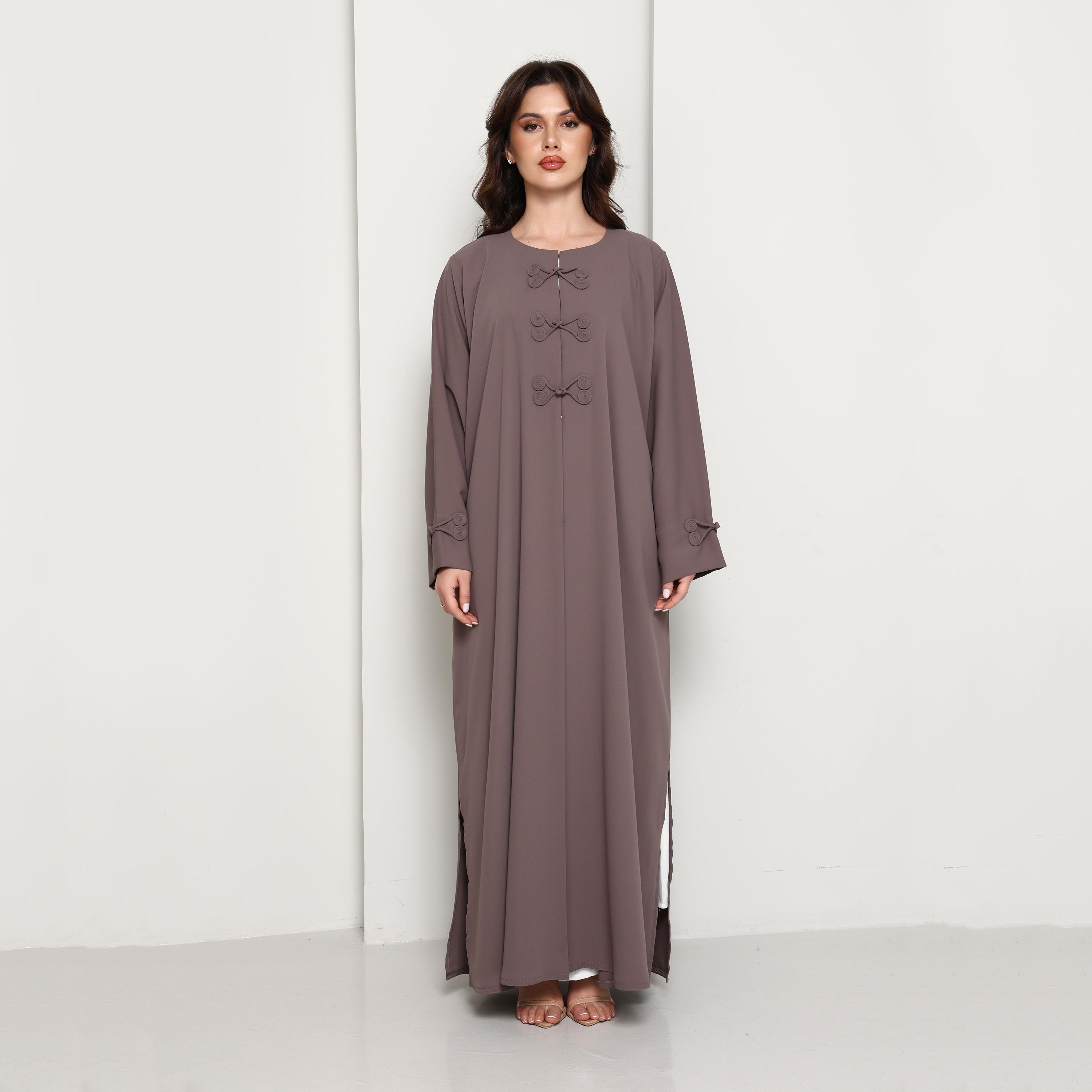 Msquare Fashion Brown Tonal Loop Closure Crepe Women's Abaya-women-arabicclothing-abayas-image-1