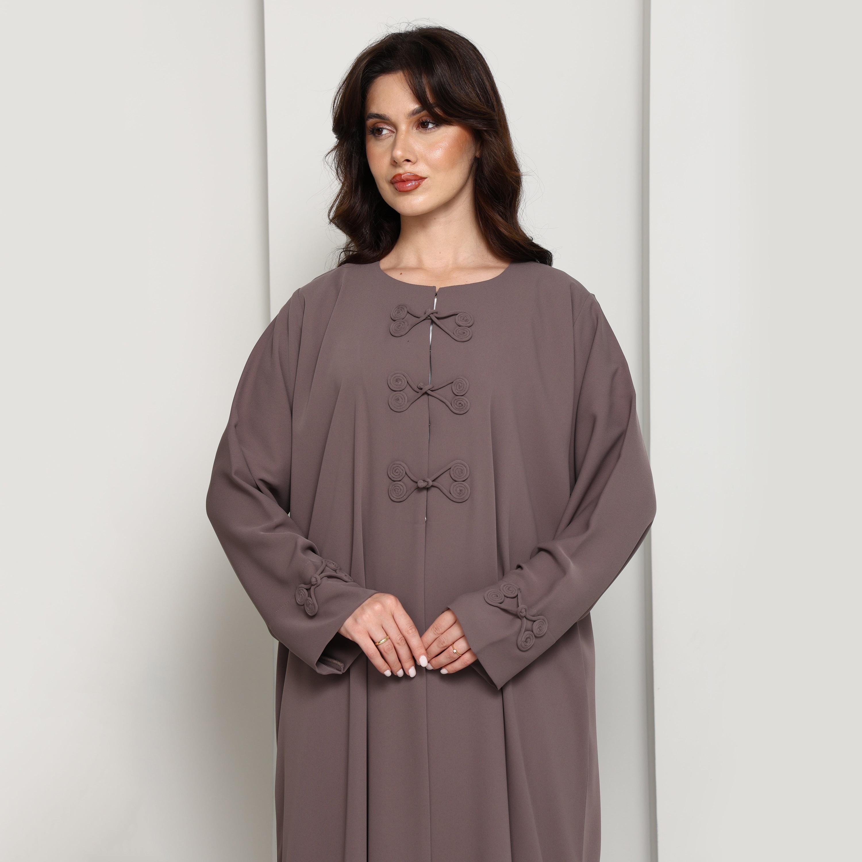 Msquare Fashion Brown Tonal Loop Closure Crepe Women's Abaya-women-arabicclothing-abayas-image-2