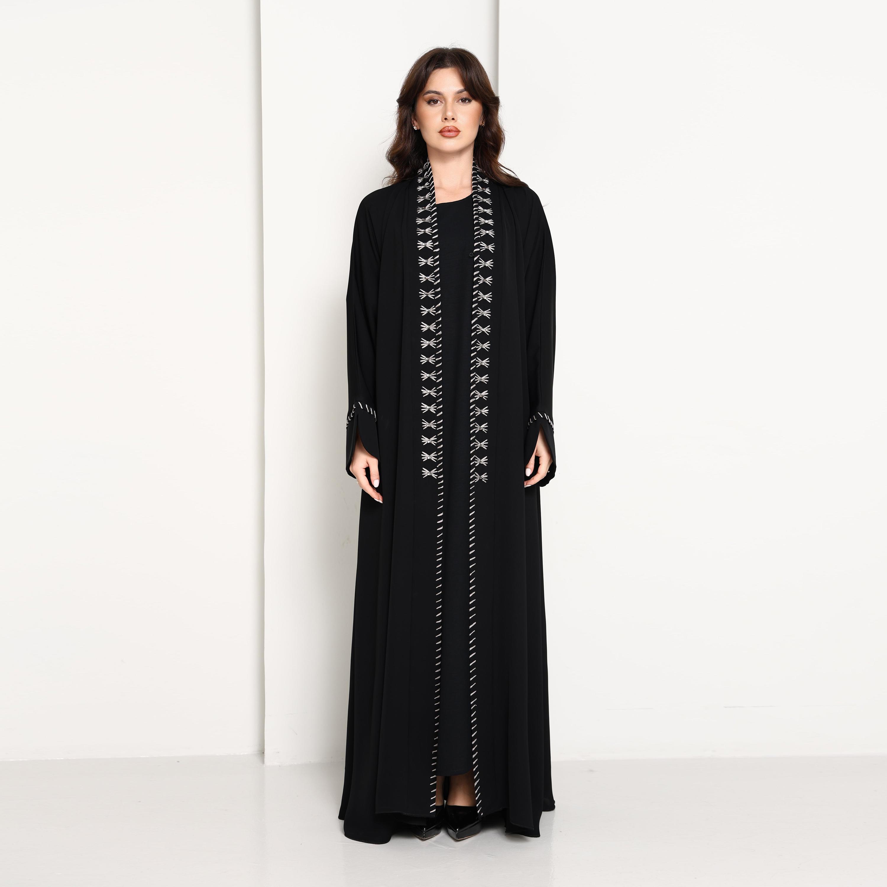 Msquare Fashion Contrast Thread Work Slit Sleeves and Front Panels Nida Women's Abaya-women-arabicclothing-abayas-image-1