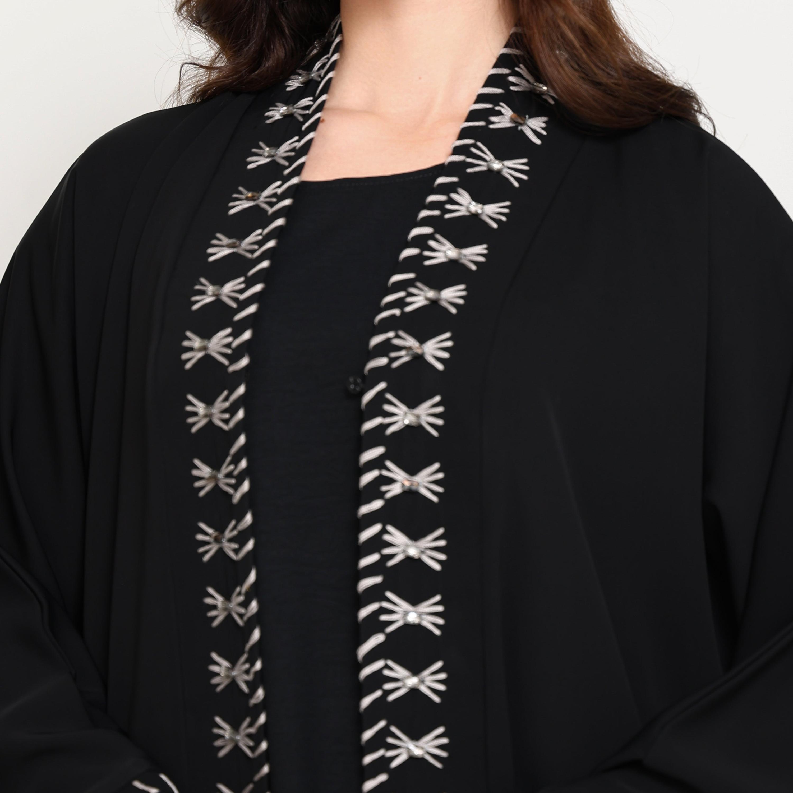 Msquare Fashion Contrast Thread Work Slit Sleeves and Front Panels Nida Women's Abaya-women-arabicclothing-abayas-image-2