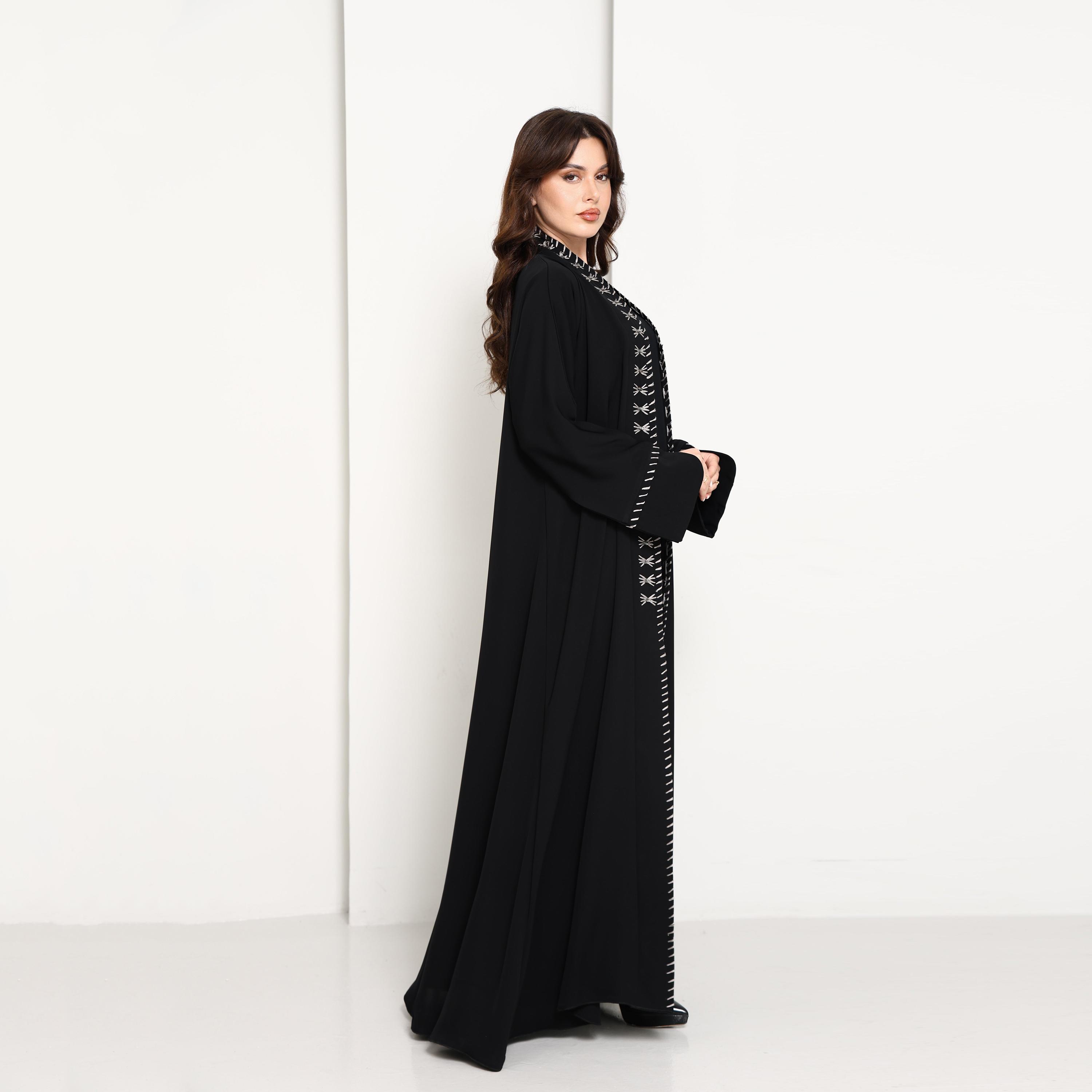 Msquare Fashion Contrast Thread Work Slit Sleeves and Front Panels Nida Women's Abaya-women-arabicclothing-abayas-image-3