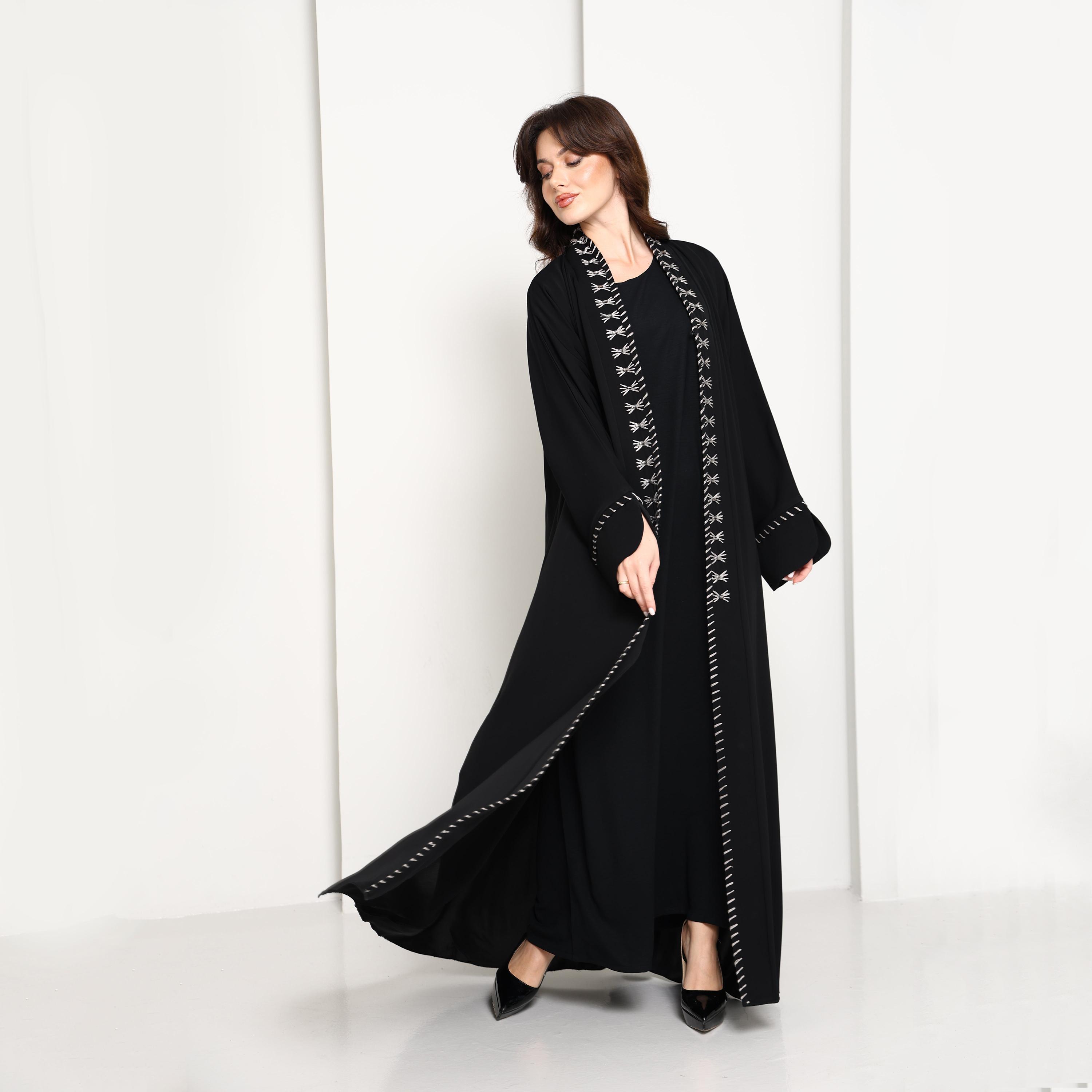 Msquare Fashion Contrast Thread Work Slit Sleeves and Front Panels Nida Women's Abaya-women-arabicclothing-abayas-image-4