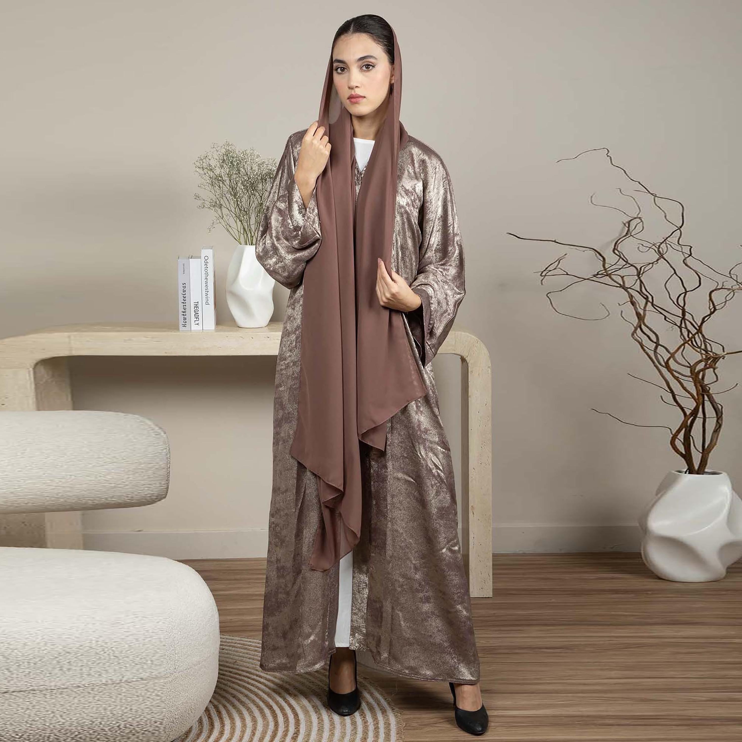 Msquare Fashion Silk Open Front Women's Abaya with Hijab-women-arabicclothing-abayas-image-1