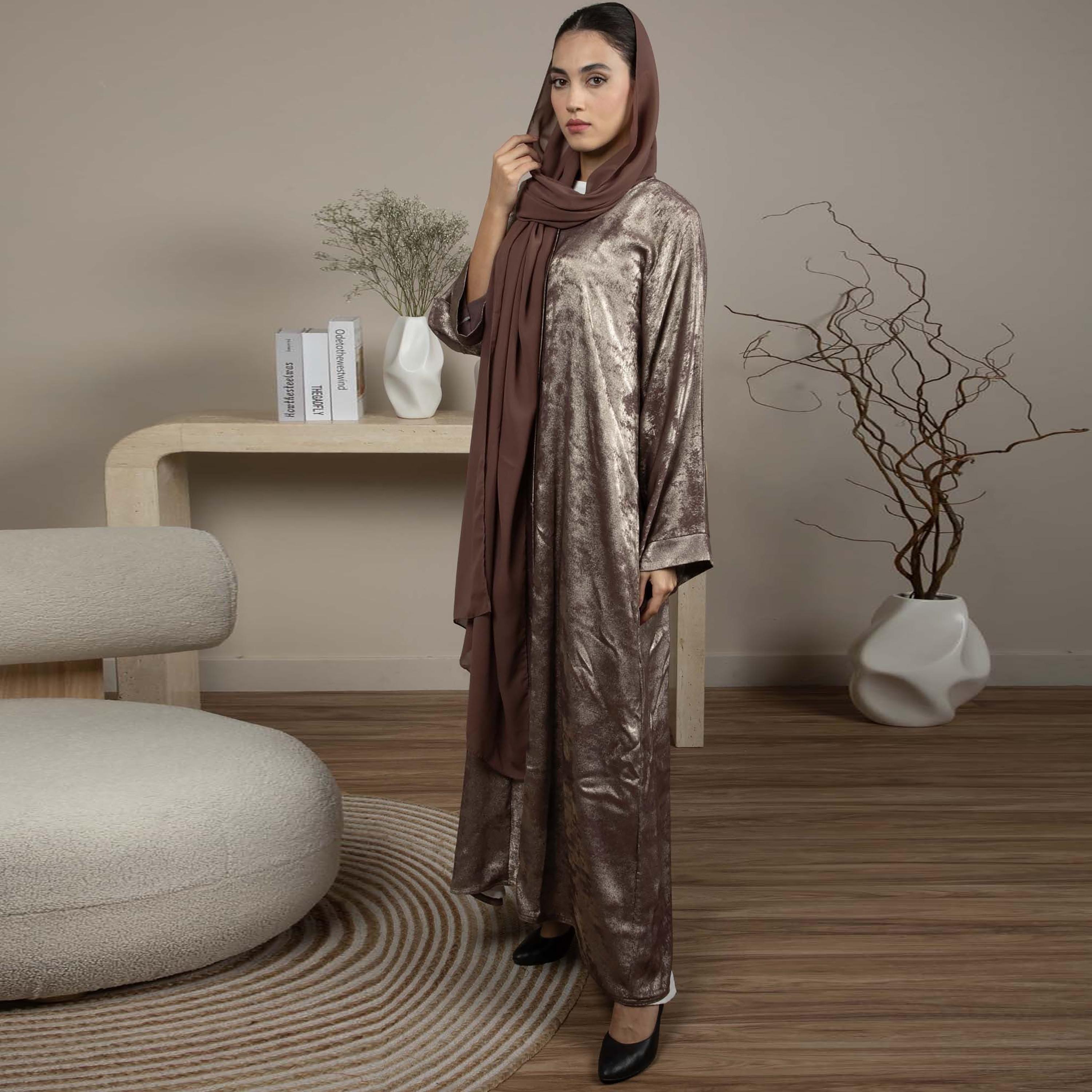 Msquare Fashion Silk Open Front Women's Abaya with Hijab-women-arabicclothing-abayas-image-3