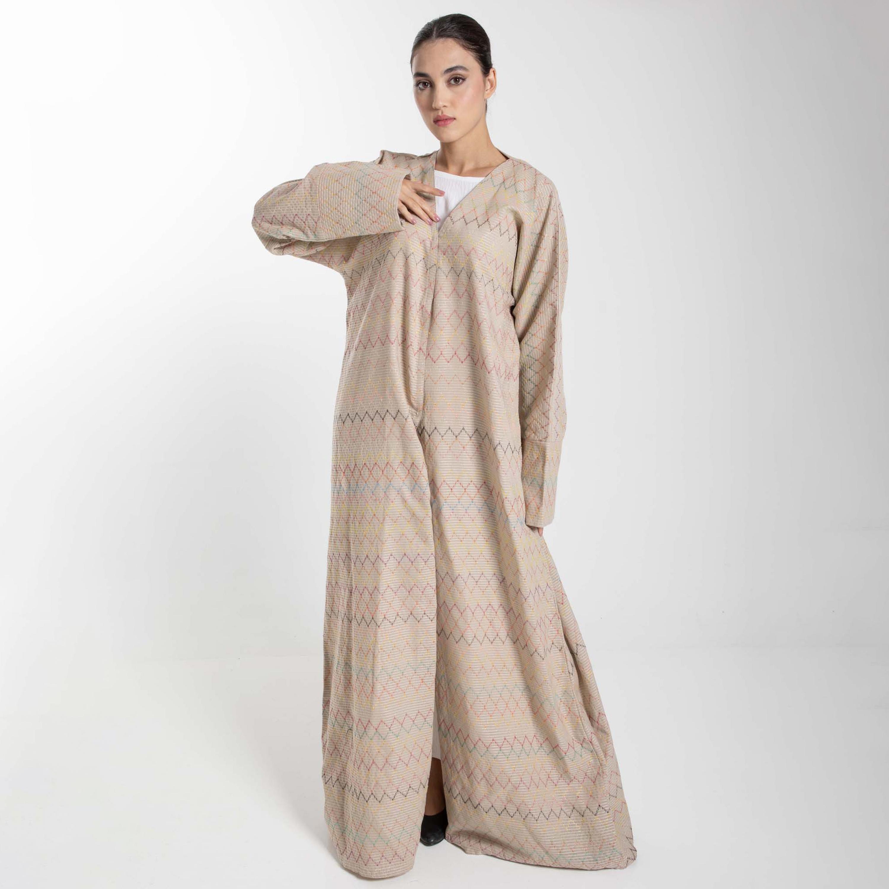 Msquare Fashion Thread Work Linen Open Front Women's Abaya-women-arabicclothing-abayas-image-1
