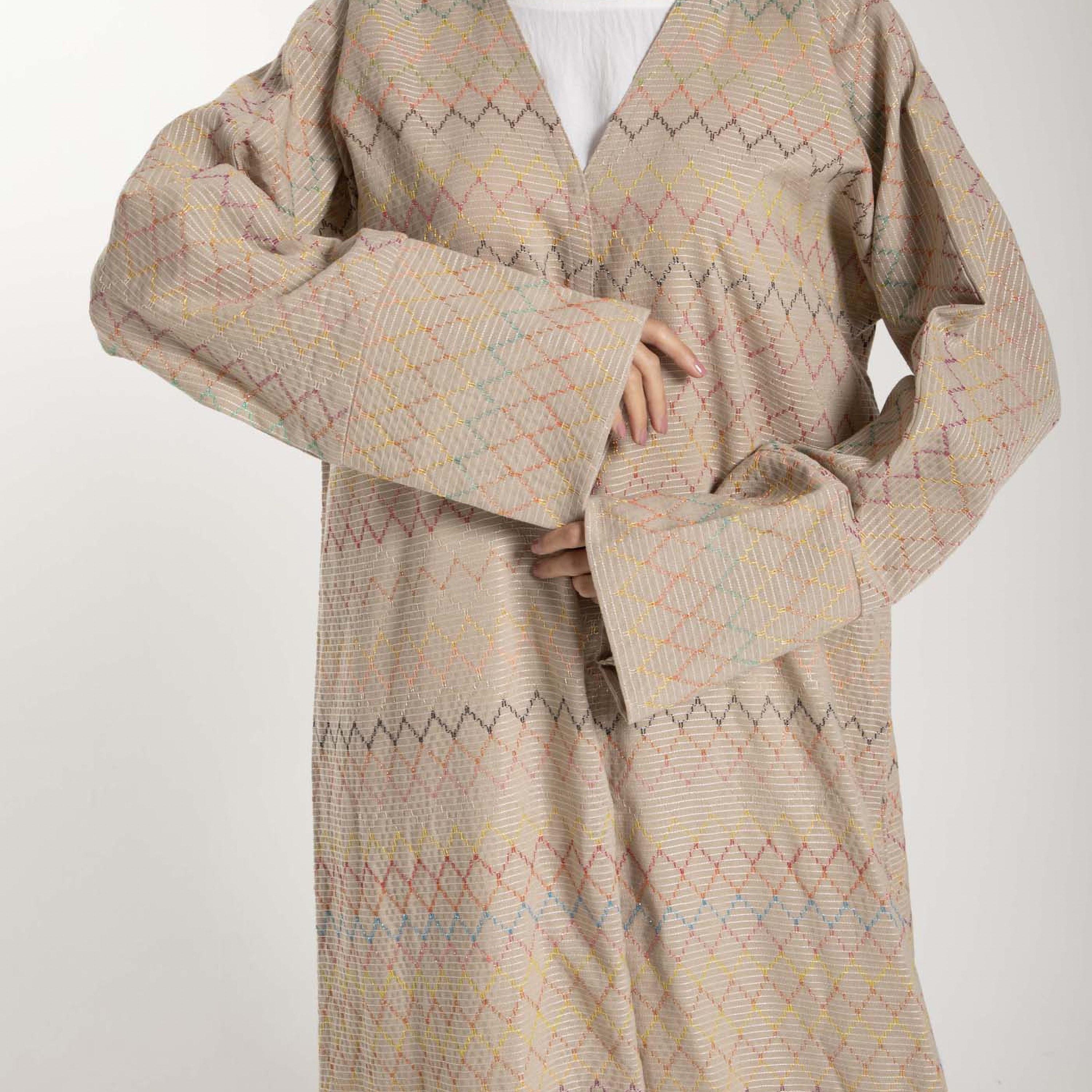 Msquare Fashion Thread Work Linen Open Front Women's Abaya-women-arabicclothing-abayas-image-2