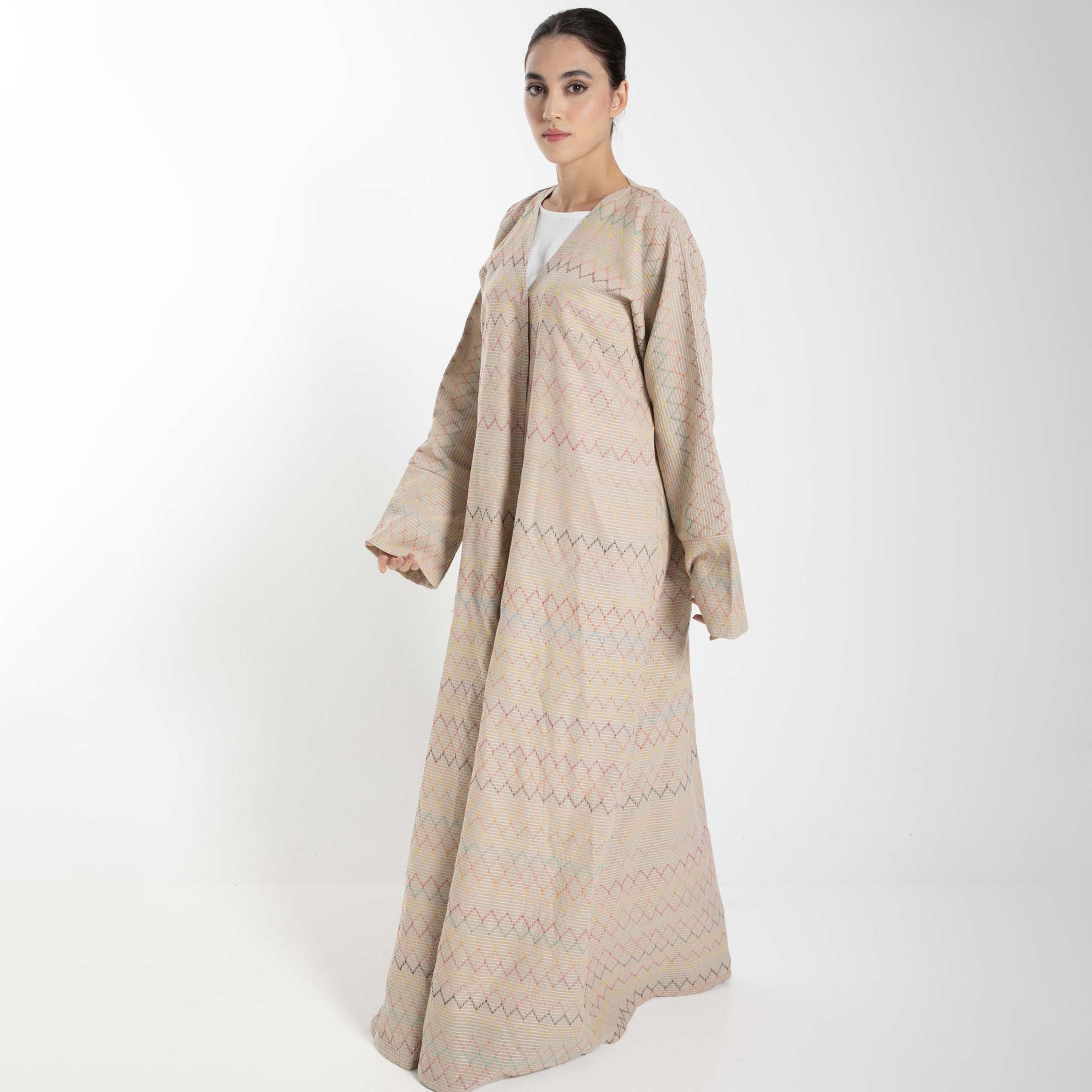 Msquare Fashion Thread Work Linen Open Front Women's Abaya-women-arabicclothing-abayas-image-3