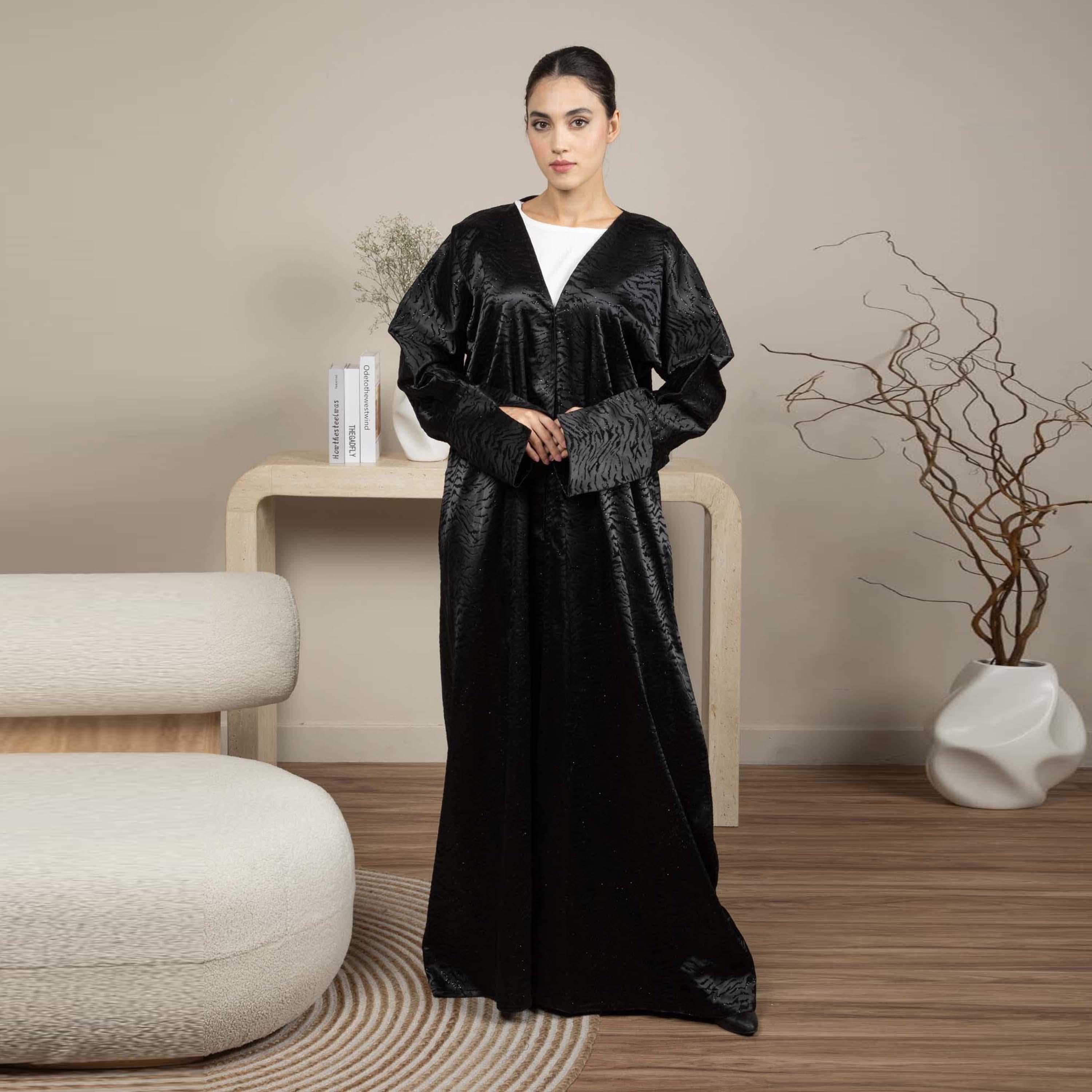Msquare Fashion Slit Sleeves Embellished Jacquard Women's Abaya-women-arabicclothing-abayas-image-1