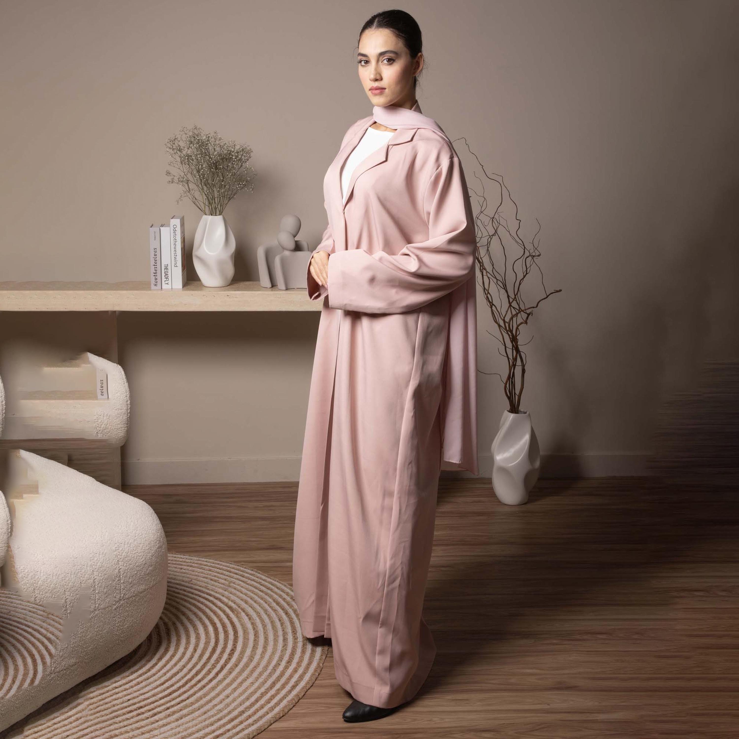 Msquare Fashion Pink Lapel Collar Crepe Women's Abaya with Hijab-women-arabicclothing-abayas-image-3