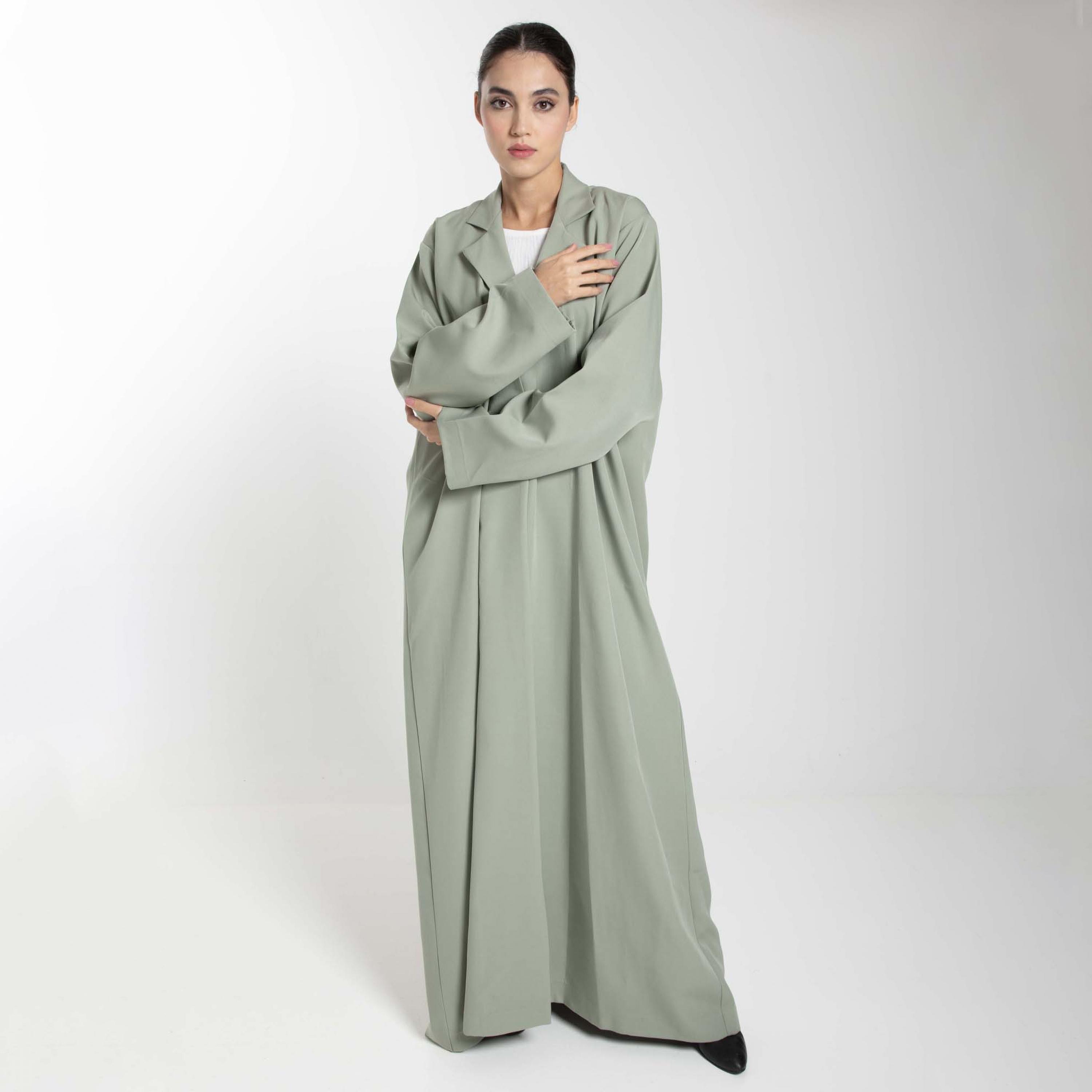 Msquare Fashion Green Lapel Collar Crepe Women's Abaya-women-arabicclothing-abayas-image-1