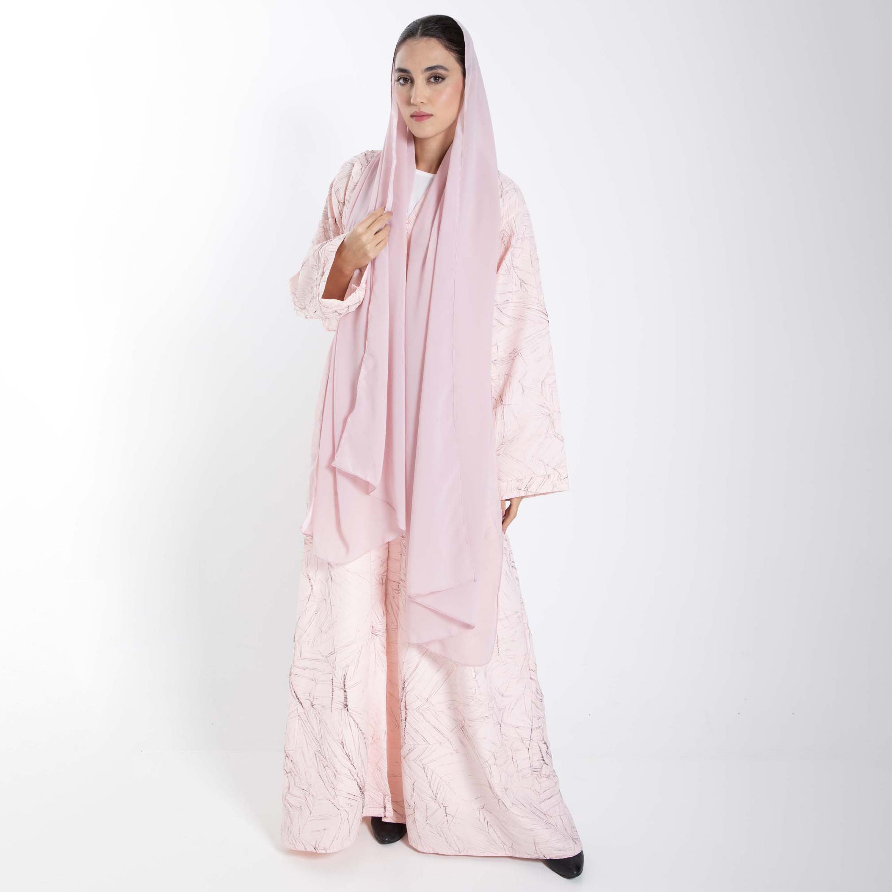 Msquare Fashion Pink All Over Printed Jacquard Women's Abaya with Hijab-women-arabicclothing-abayas-image-1