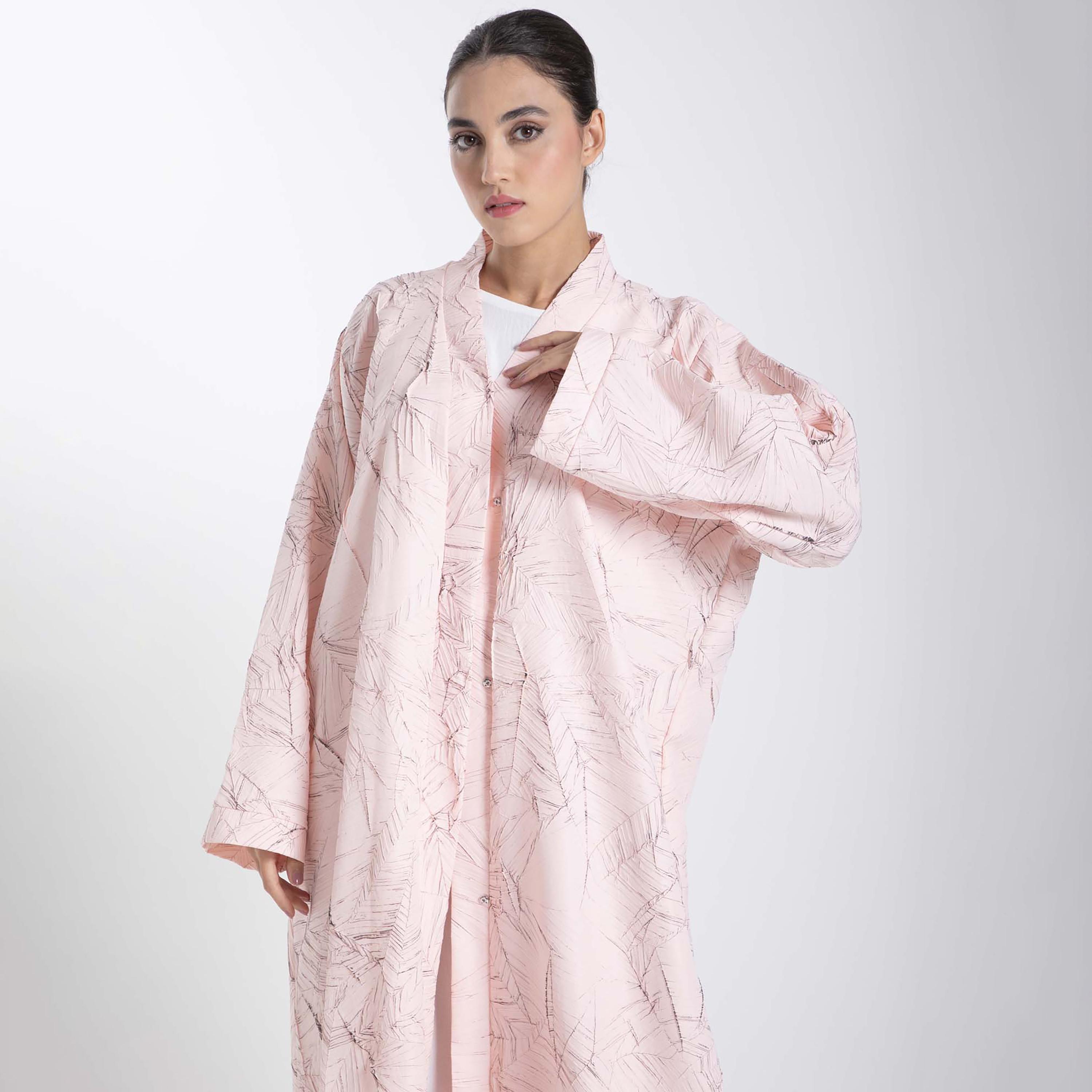 Msquare Fashion Pink All Over Printed Jacquard Women's Abaya with Hijab-women-arabicclothing-abayas-image-2