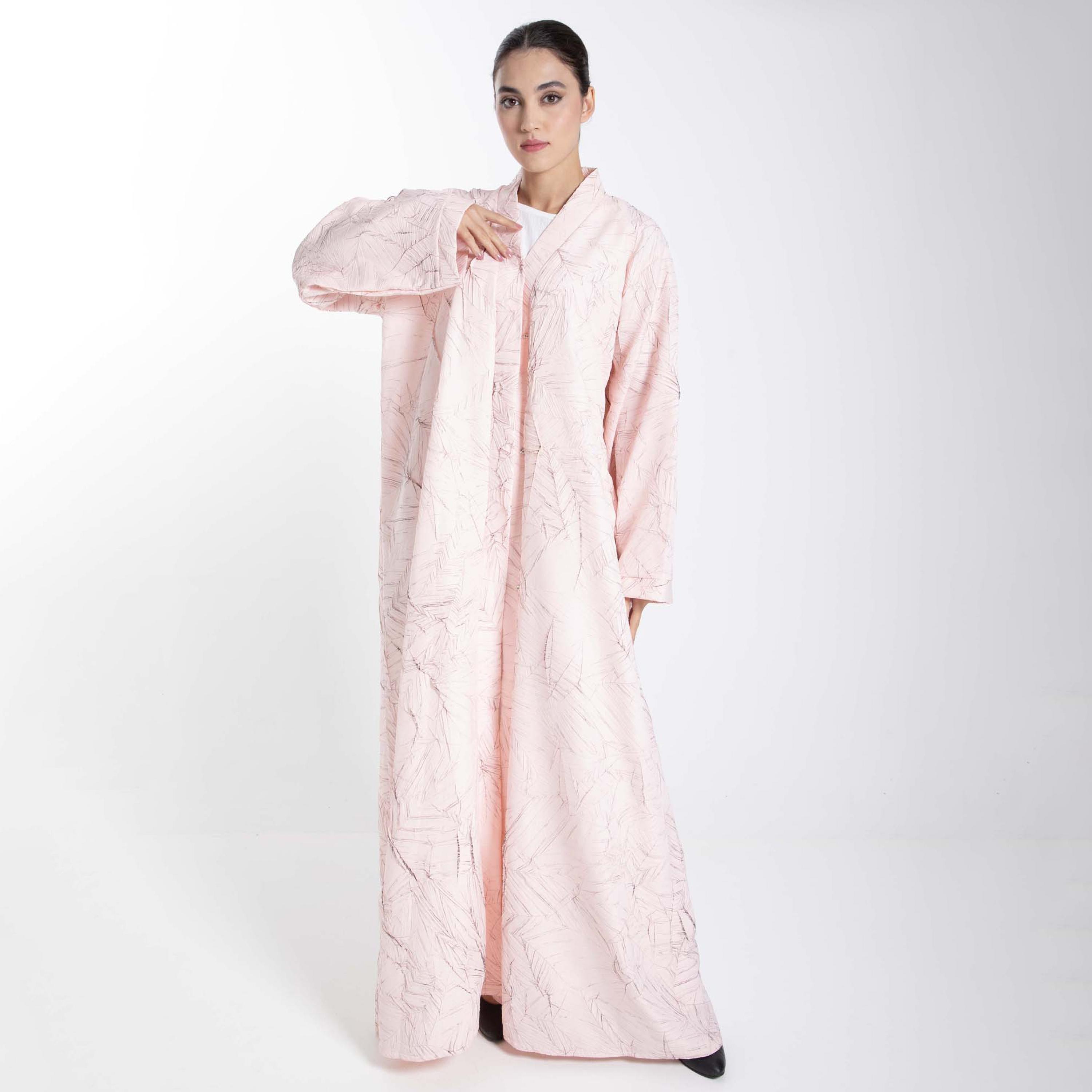 Msquare Fashion Pink All Over Printed Jacquard Women's Abaya with Hijab-women-arabicclothing-abayas-image-3