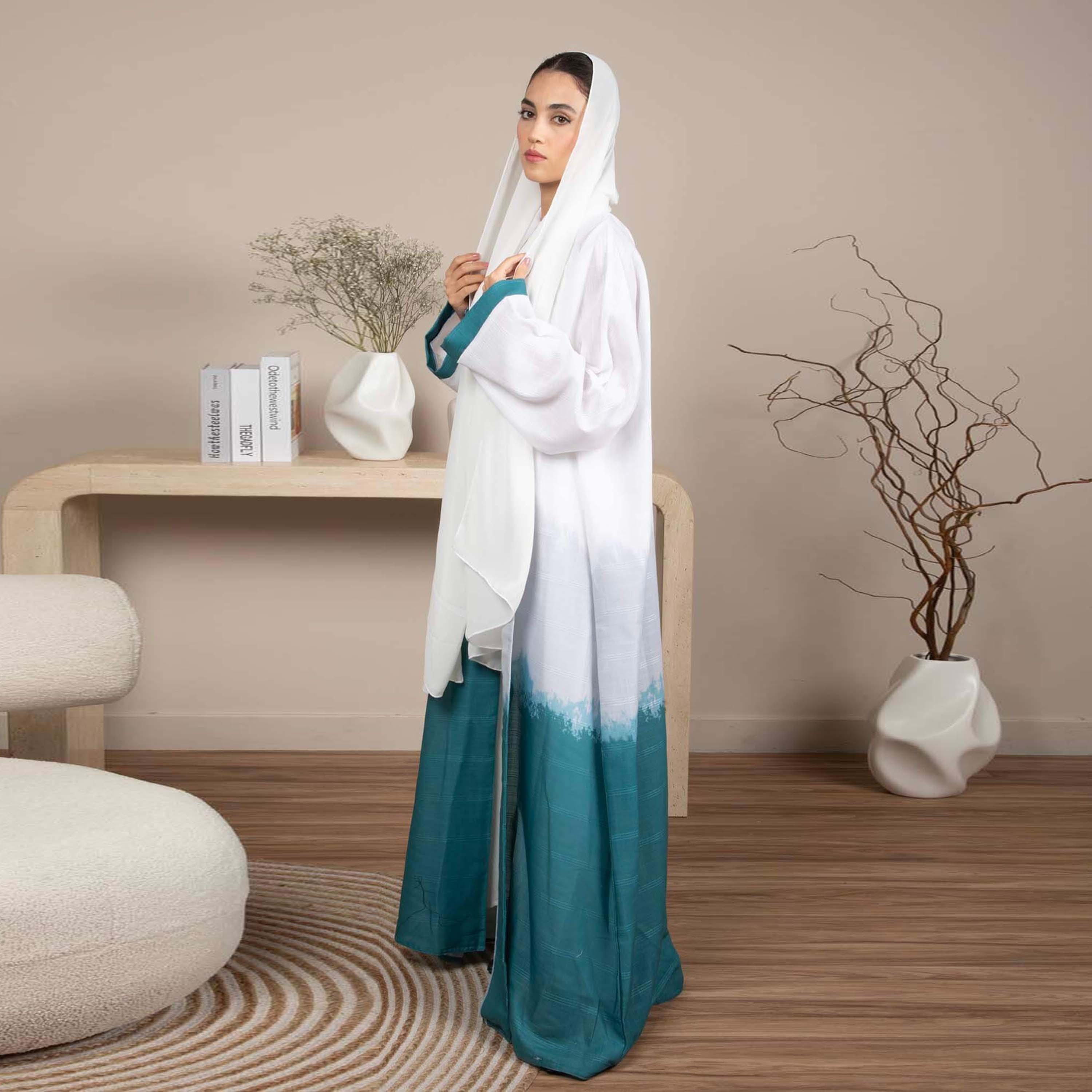 Msquare Fashion White and Green Ombre Linen Women's Abaya with Hijab-women-arabicclothing-abayas-image-1