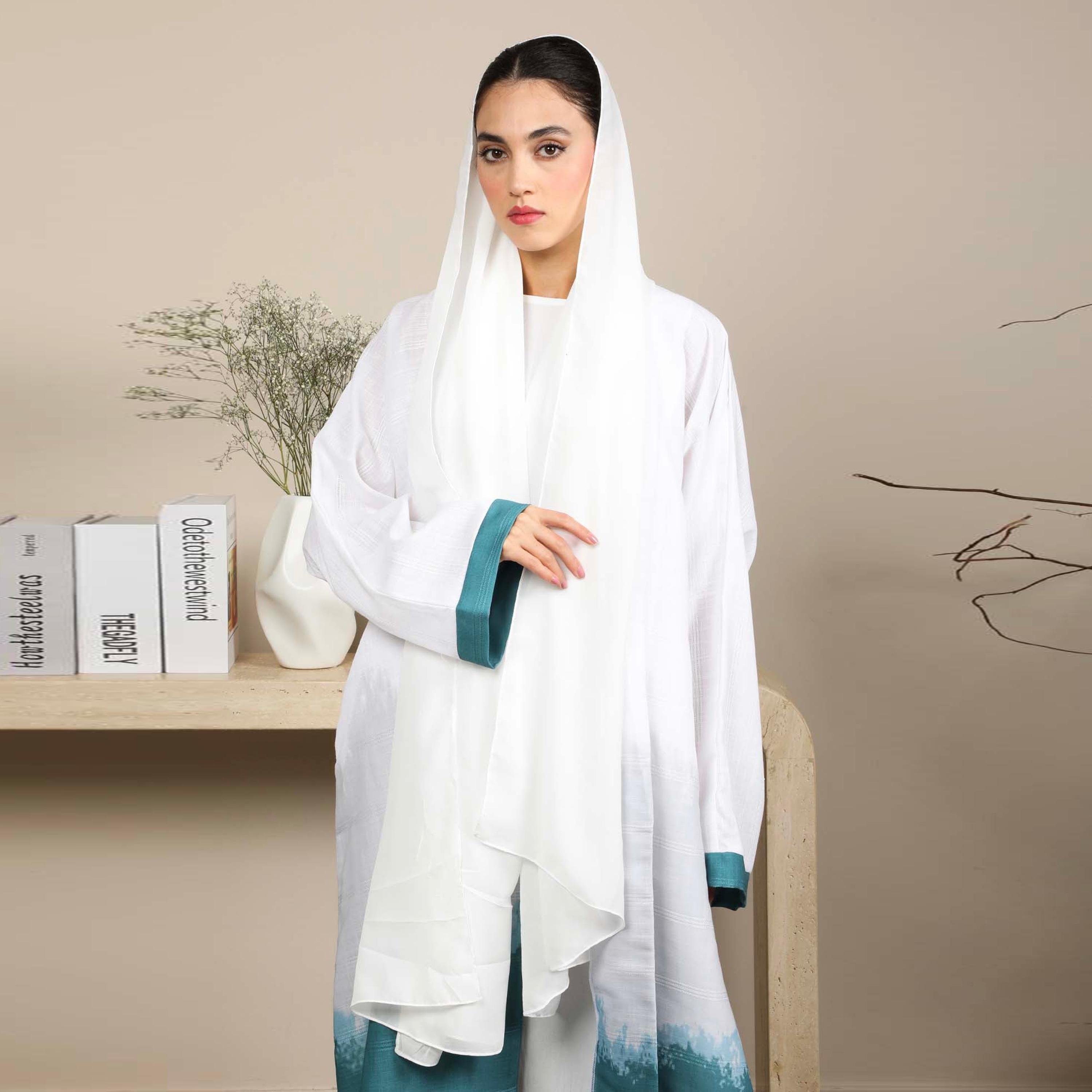 Msquare Fashion White and Green Ombre Linen Women's Abaya with Hijab-women-arabicclothing-abayas-image-2