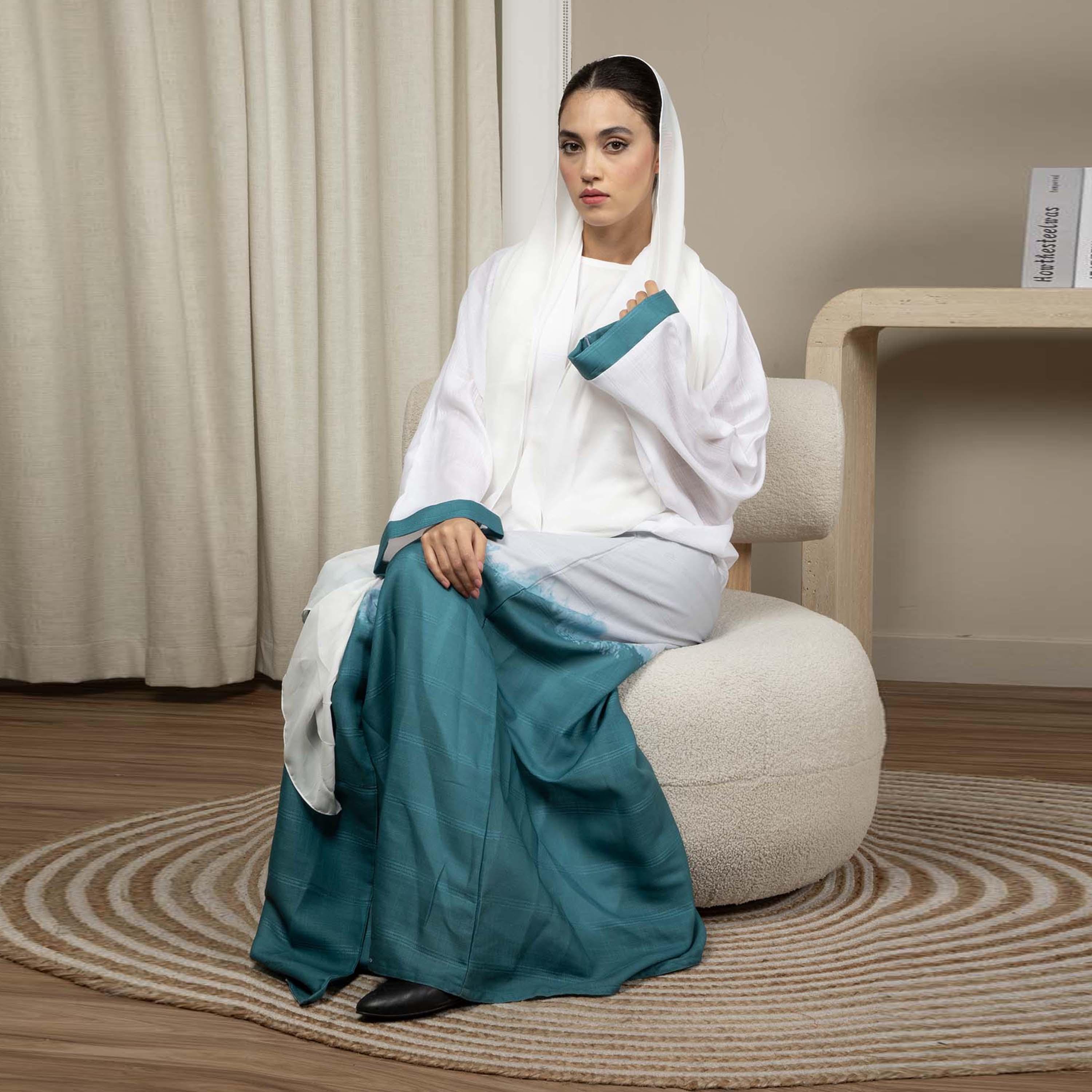 Msquare Fashion White and Green Ombre Linen Women's Abaya with Hijab-women-arabicclothing-abayas-image-3