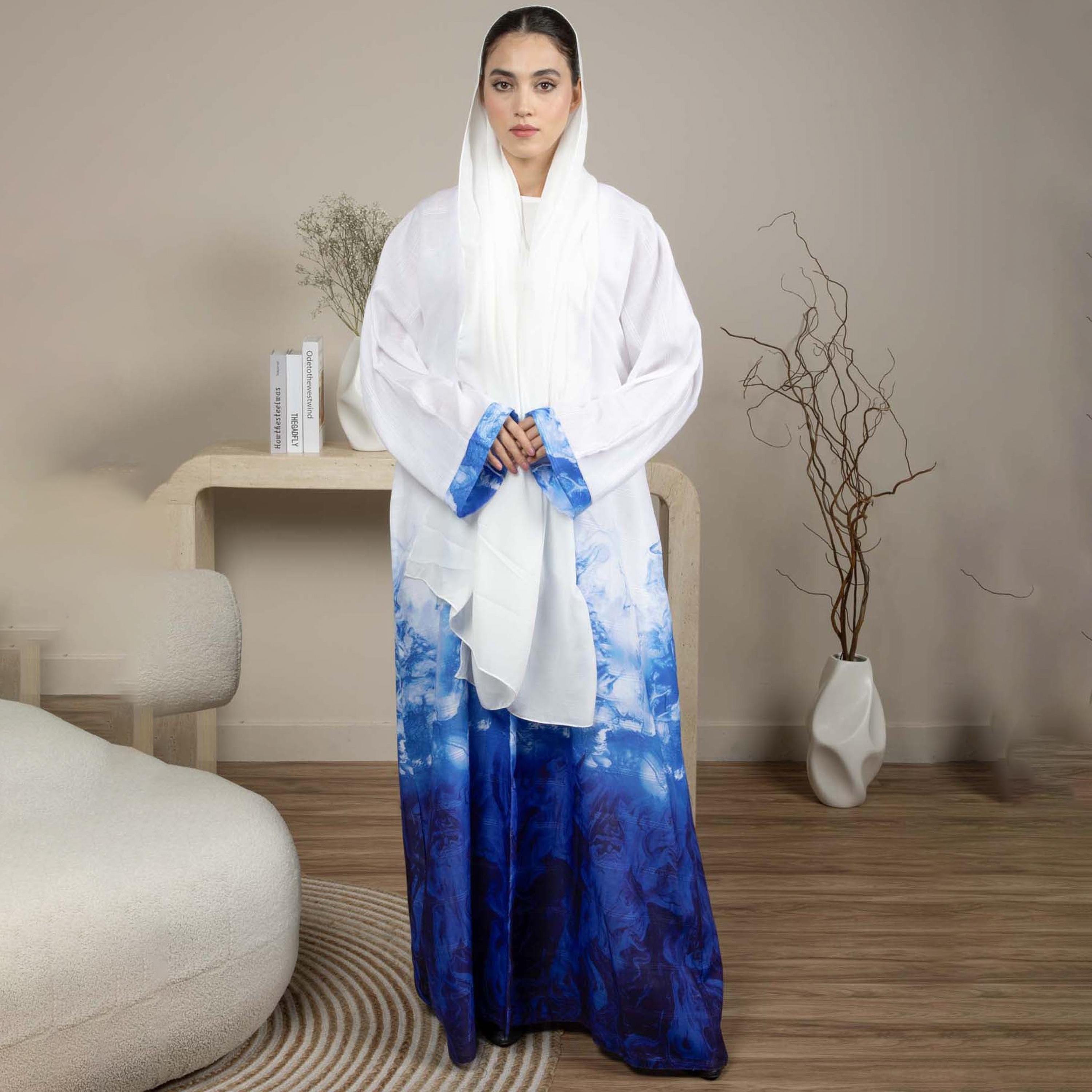 Msquare Fashion White and Blue Ombre Linen Women's Abaya with Hijab-women-arabicclothing-abayas-image-1