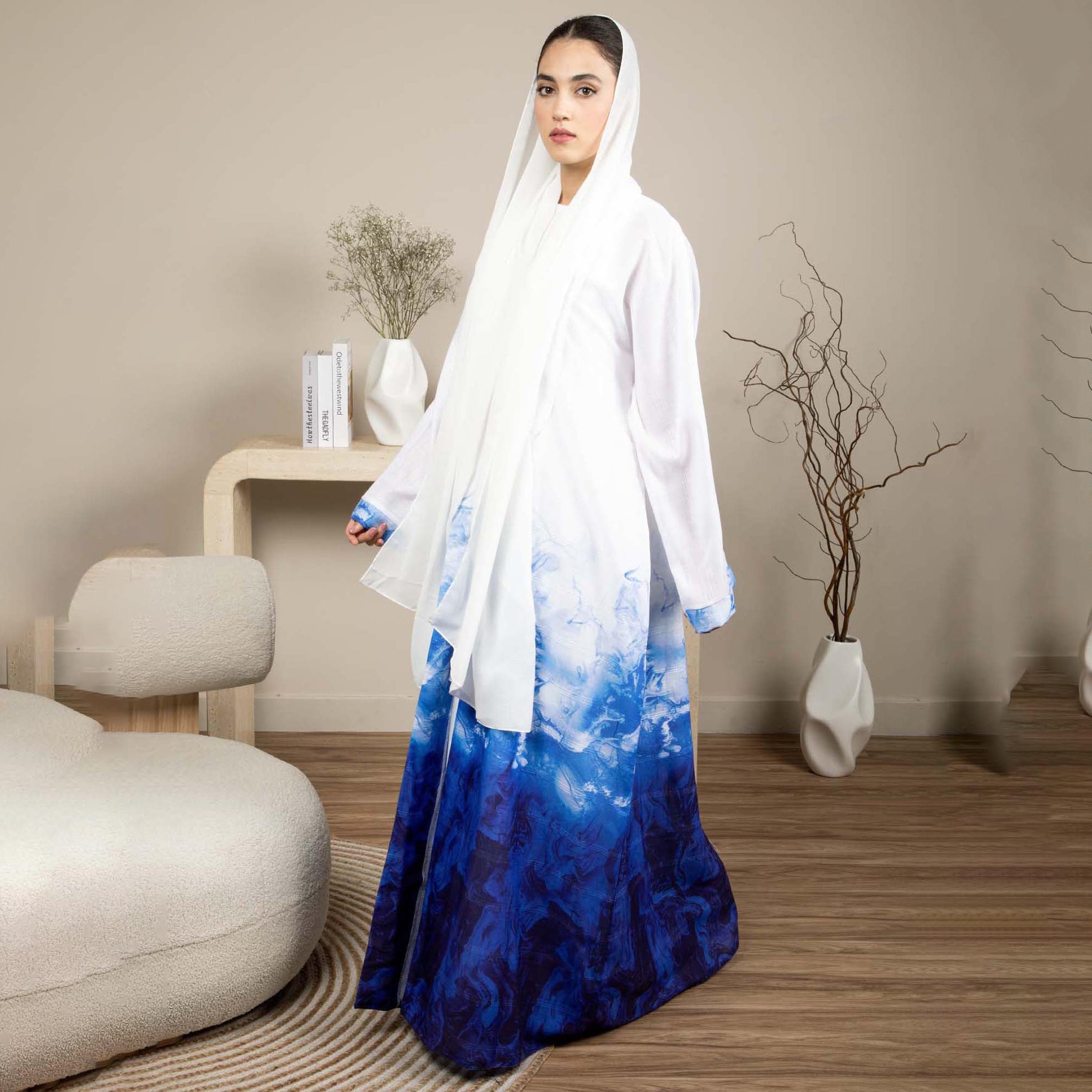 Msquare Fashion White and Blue Ombre Linen Women's Abaya with Hijab-women-arabicclothing-abayas-image-3