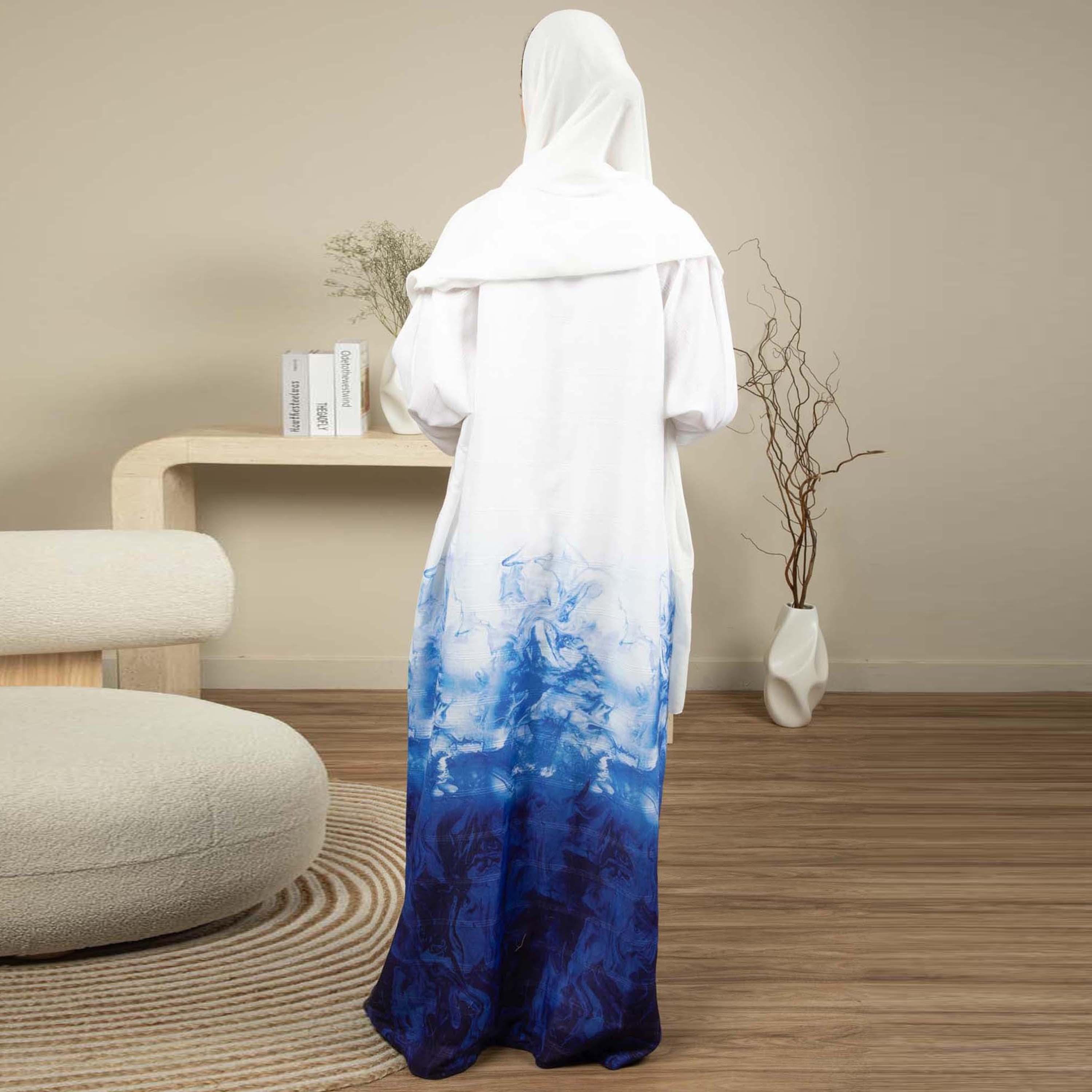 Msquare Fashion White and Blue Ombre Linen Women's Abaya with Hijab-women-arabicclothing-abayas-image-4