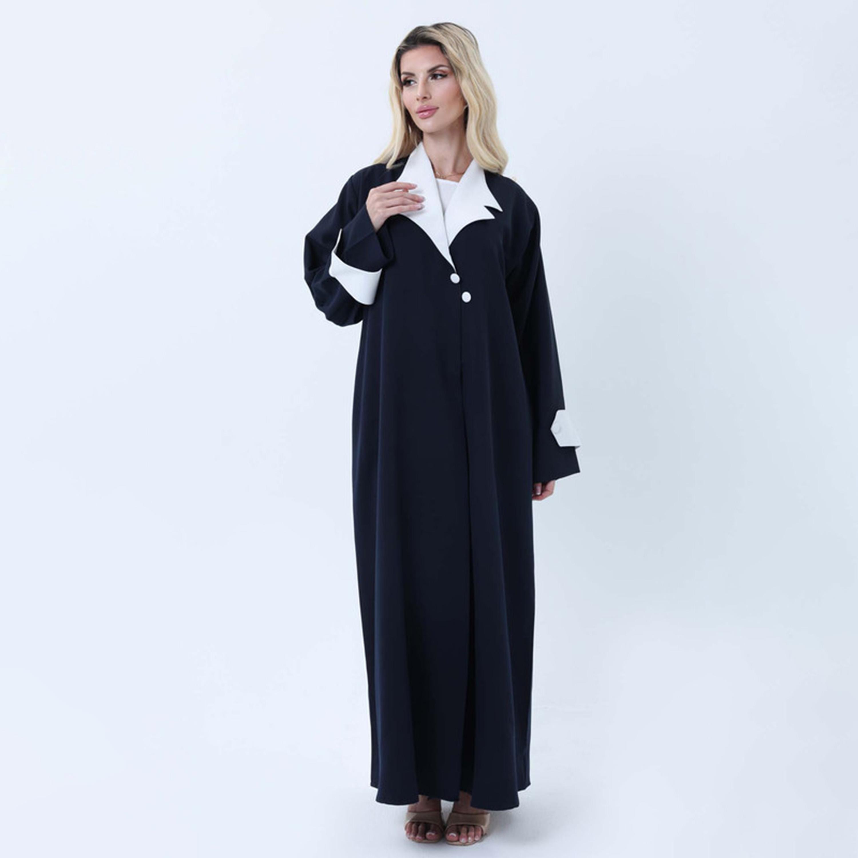 Msquare Fashion Blue Lapel Collar Barbie Crepe Women's Abaya-women-arabicclothing-abayas-image-1