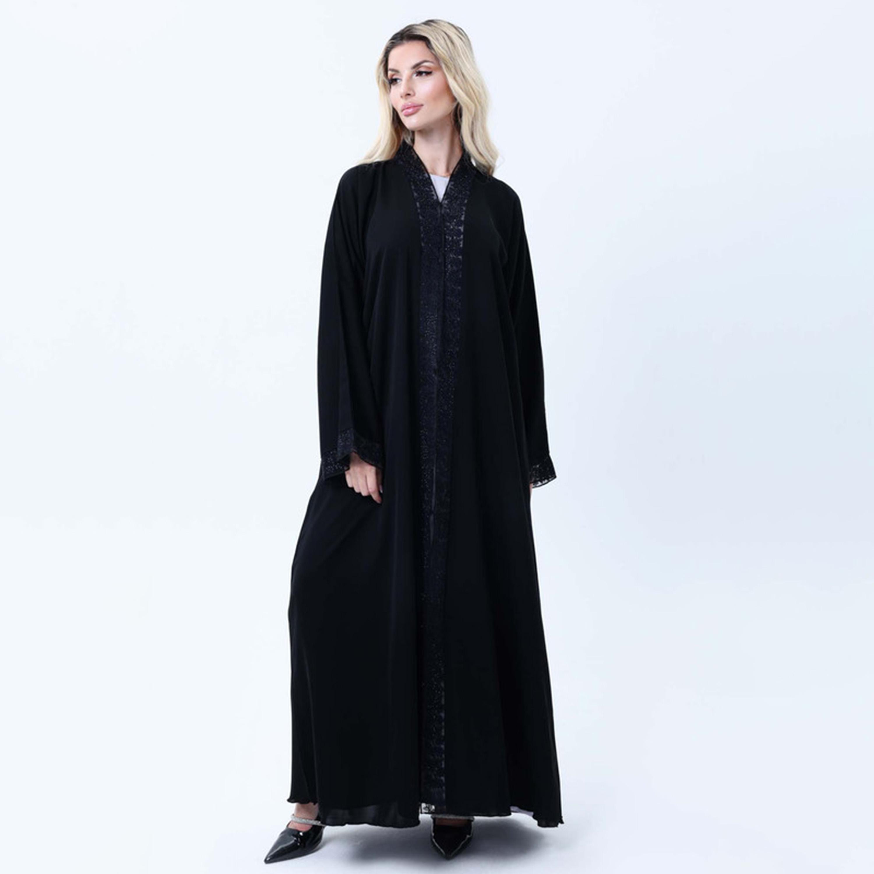 عباءة نسائية من قماش نيدا بتفاصيل دانتيل باللون الأسود من إمسكوير فاشون-women-arabicclothing-abayas-image-1