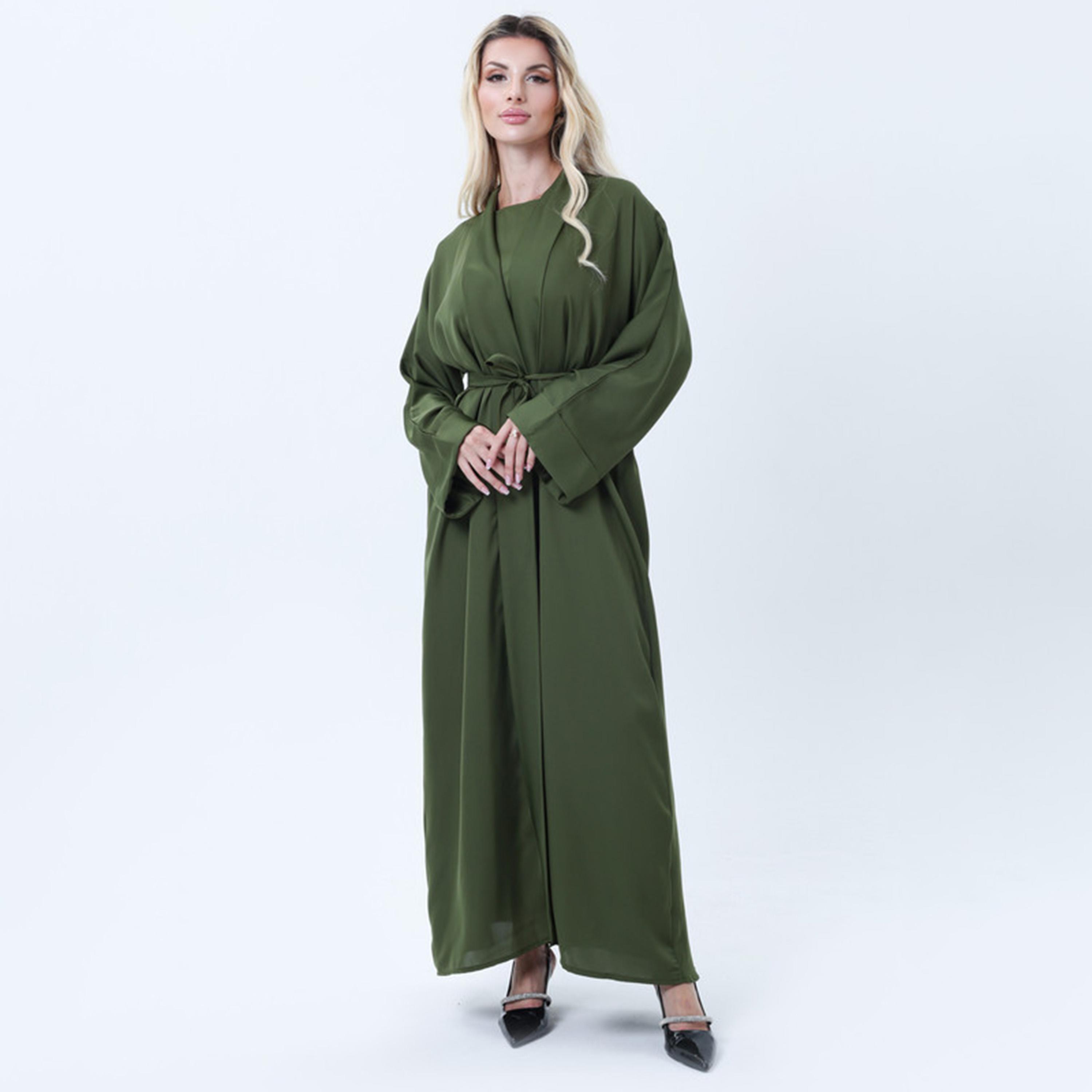 عباءة نسائية من قماش نيدا باللون الأخضر مع فستان داخلي وحزام من إمسكوير فاشون-women-arabicclothing-abayas-image-1