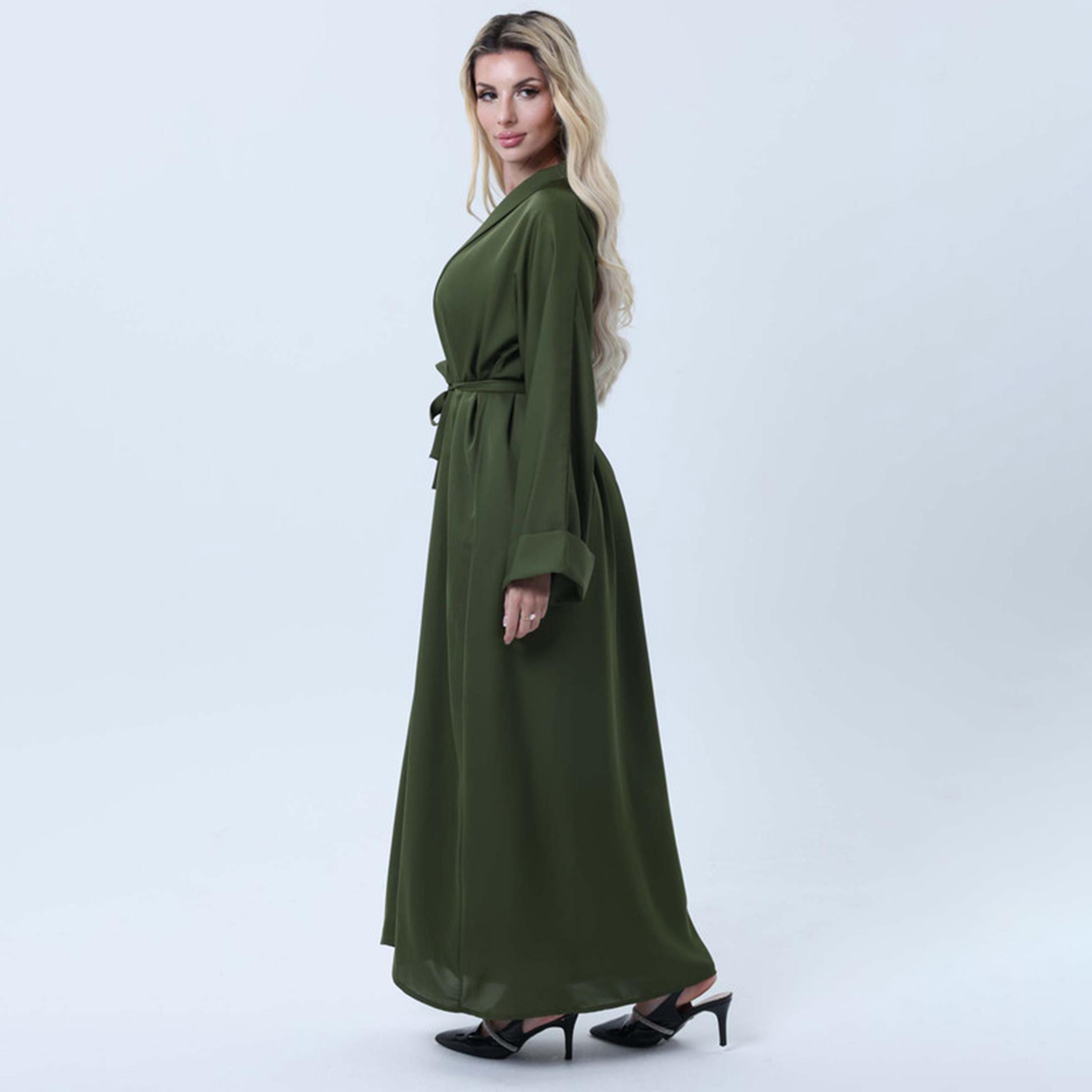 عباءة نسائية من قماش نيدا باللون الأخضر مع فستان داخلي وحزام من إمسكوير فاشون-women-arabicclothing-abayas-image-4