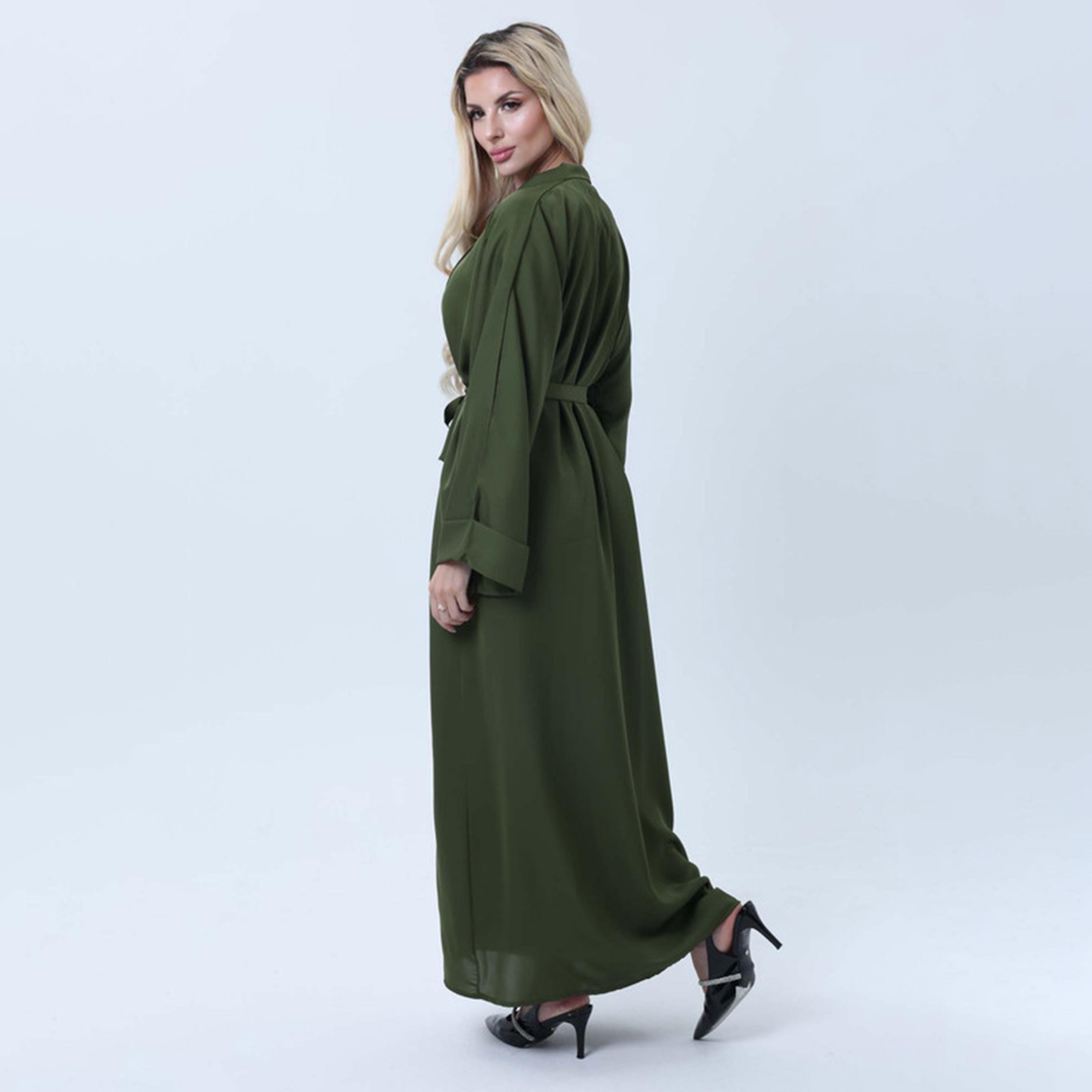 عباءة نسائية من قماش نيدا باللون الأخضر مع فستان داخلي وحزام من إمسكوير فاشون-women-arabicclothing-abayas-image-5