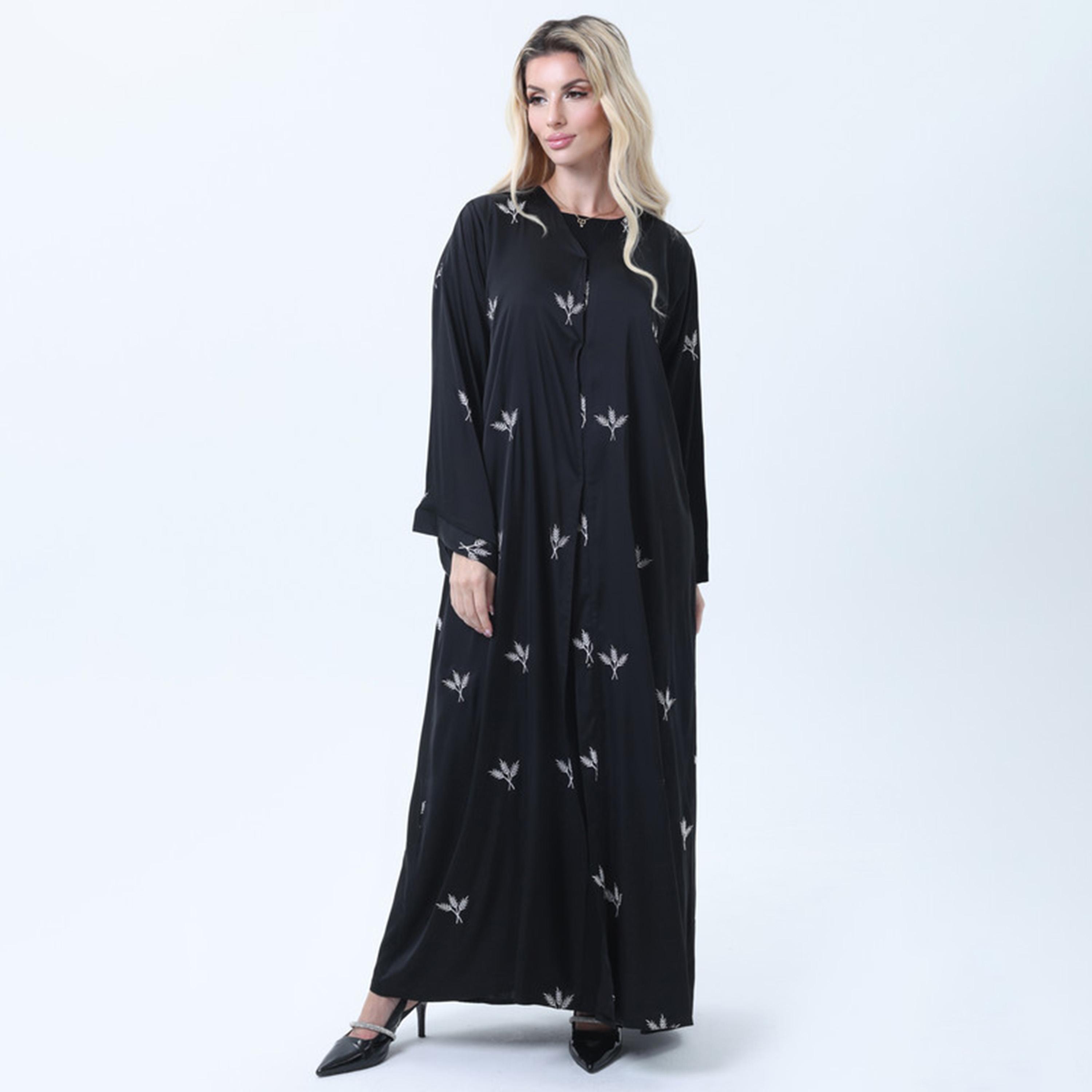 Msquare Fashion Black Leaf Embroidered Armani Silk Women's Abaya-women-arabicclothing-abayas-image-1